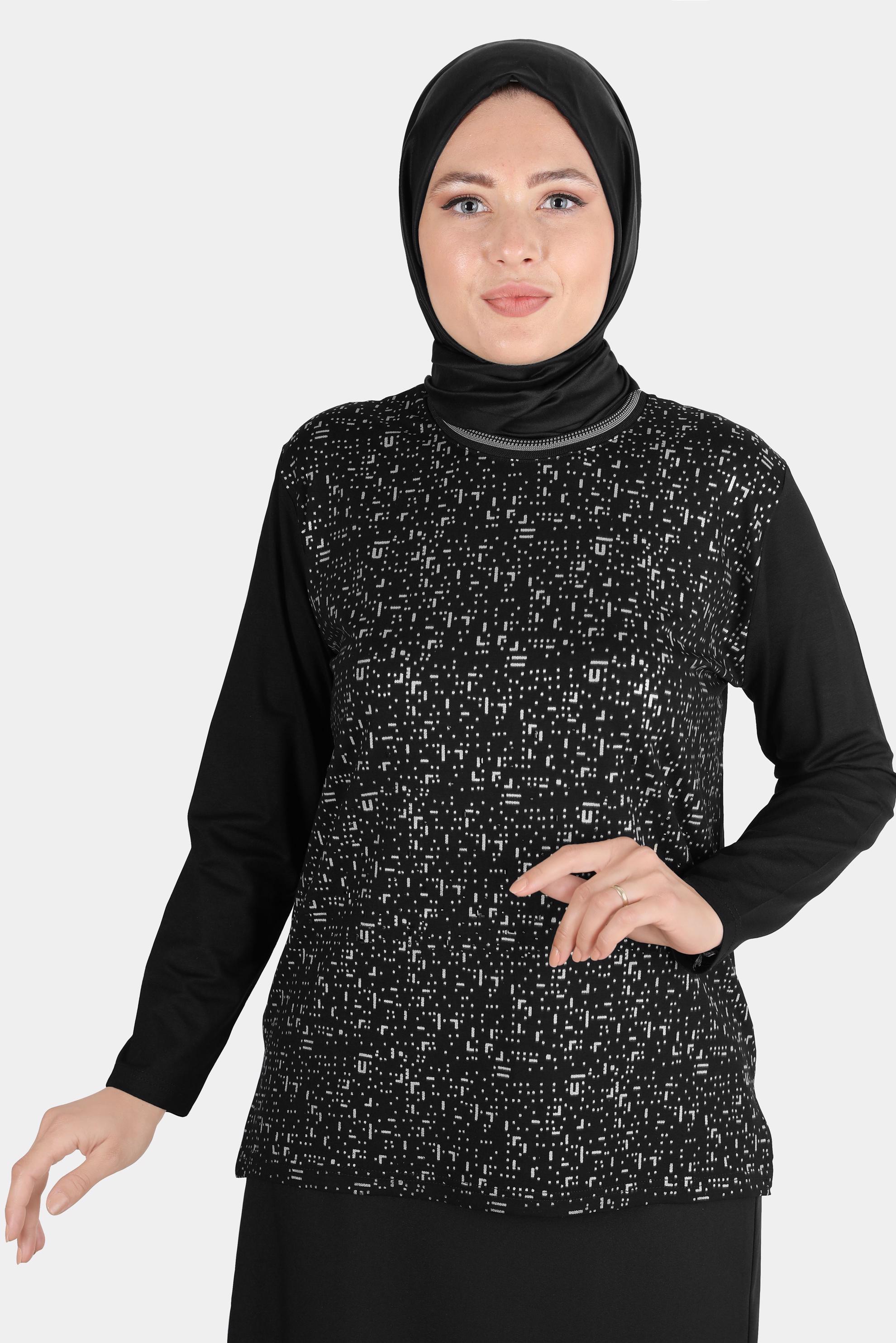 Hijab clothing BLACK PATTERNED VISCOSE TUNIC WITH GEM 20249