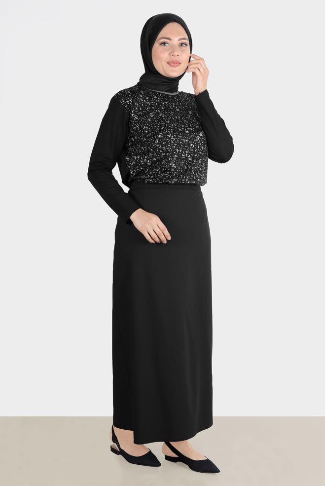 Hijab clothing BLACK PATTERNED VISCOSE TUNIC WITH GEM 20249 - ALVİNA