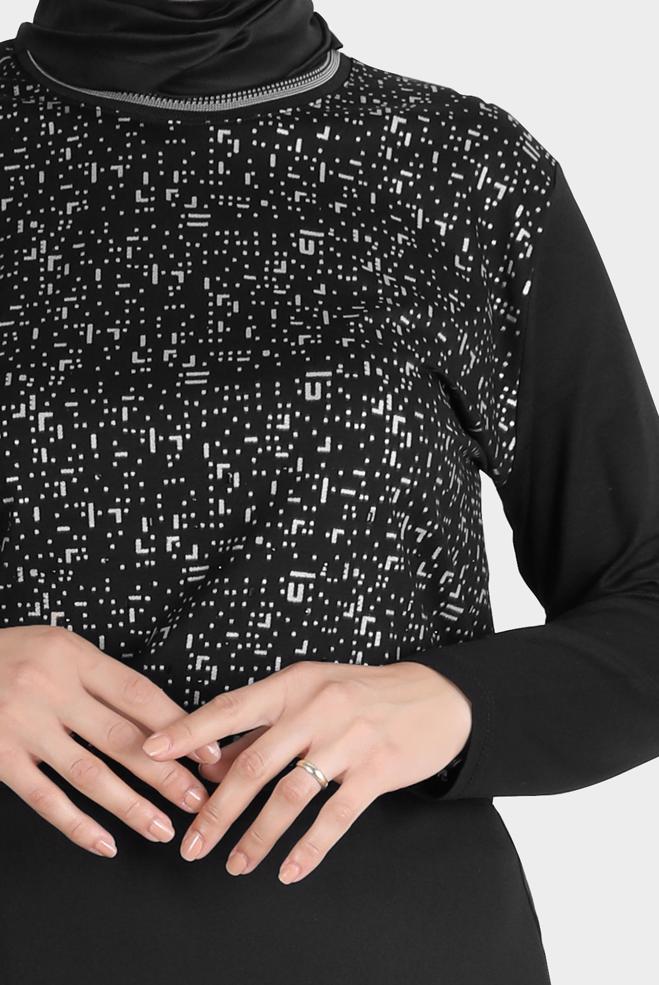 Hijab clothing BLACK PATTERNED VISCOSE TUNIC WITH GEM 20249 - ALVİNA