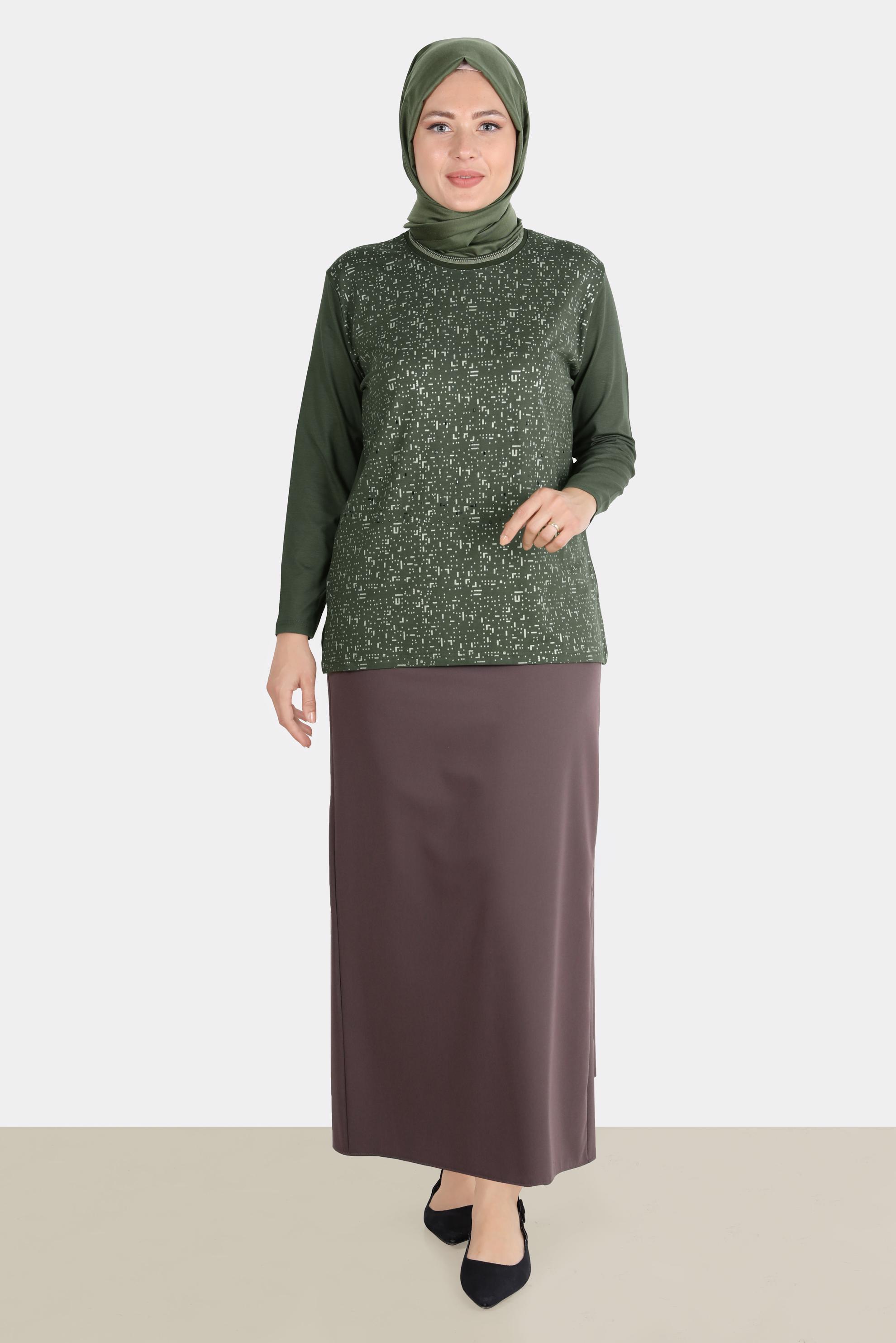 Vêtements hijab KAKI TUNIQUE EN VISCOSE À MOTIF AVEC BIJOU 20249