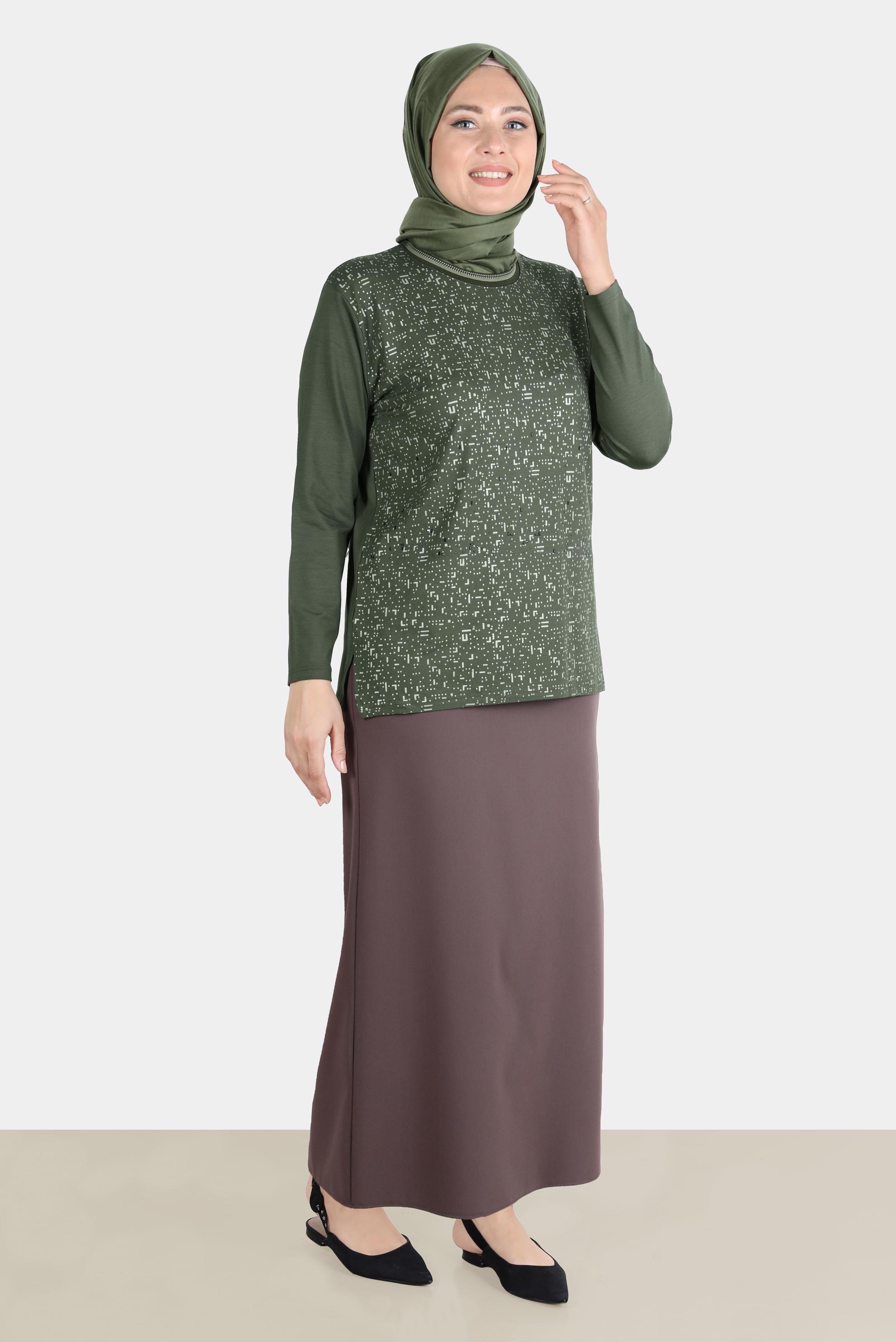 Vêtements hijab KAKI TUNIQUE EN VISCOSE À MOTIF AVEC BIJOU 20249