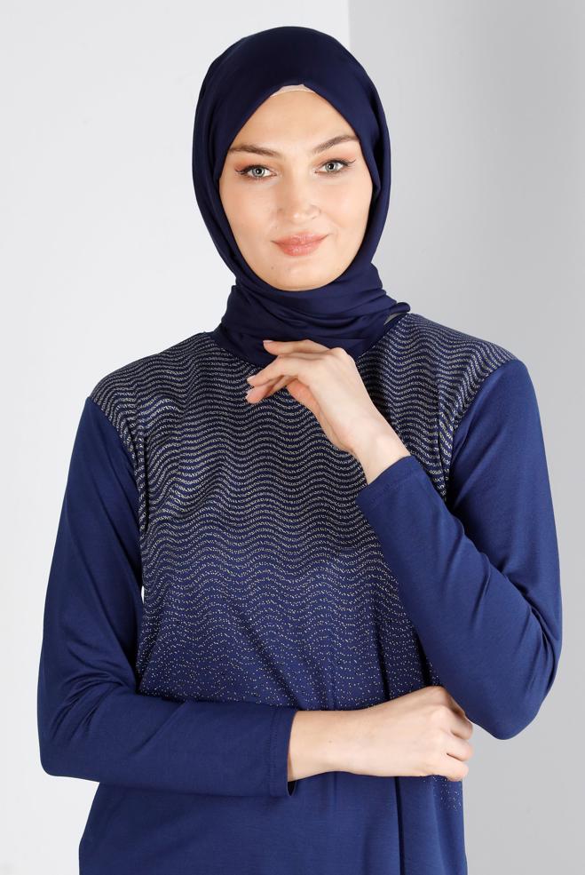 Hijab clothing NAVY BLUE PATTERNED VISCOSE BLOUSE 20250 - ALVİNA