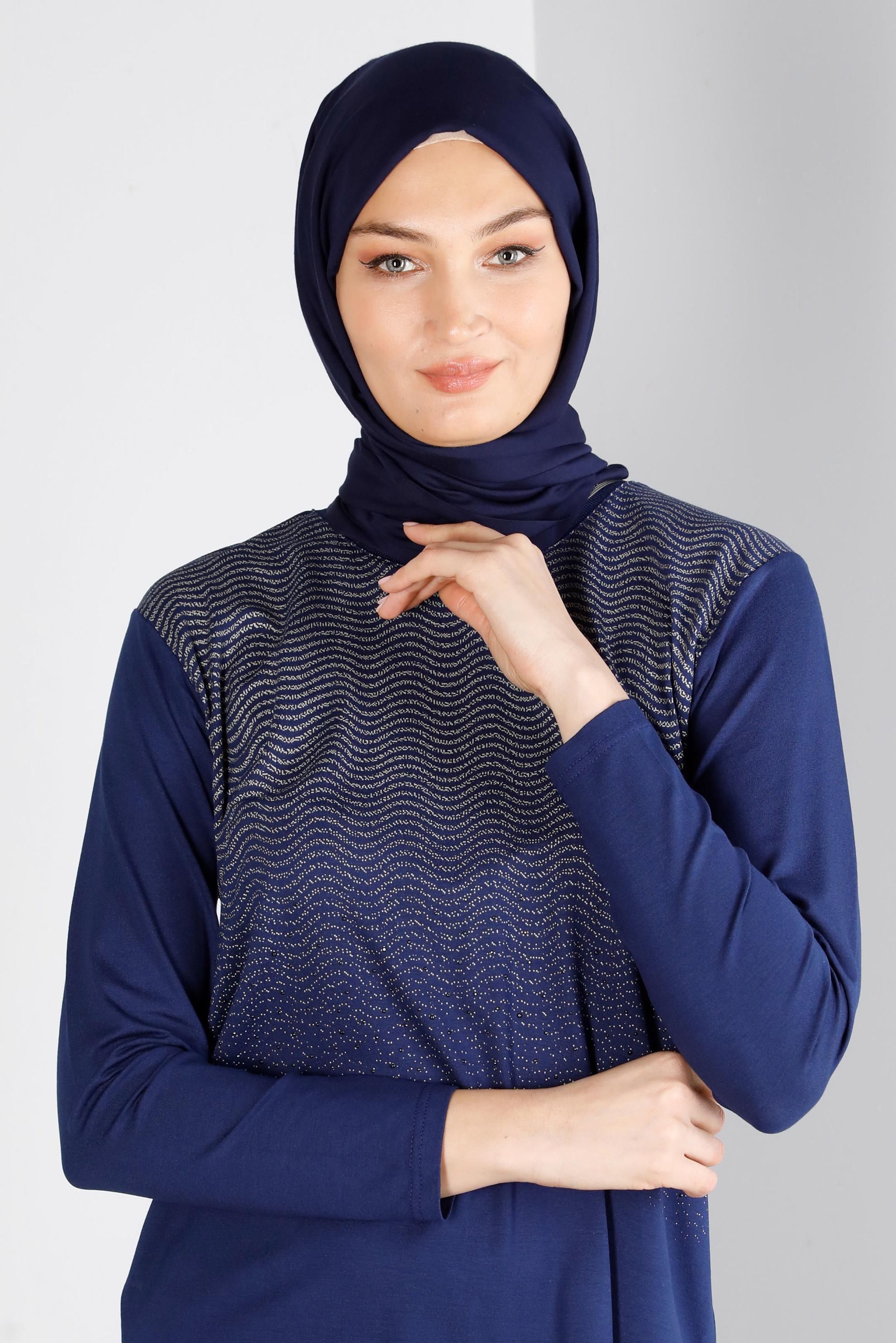 Hijab clothing NAVY BLUE PATTERNED VISCOSE BLOUSE 20250