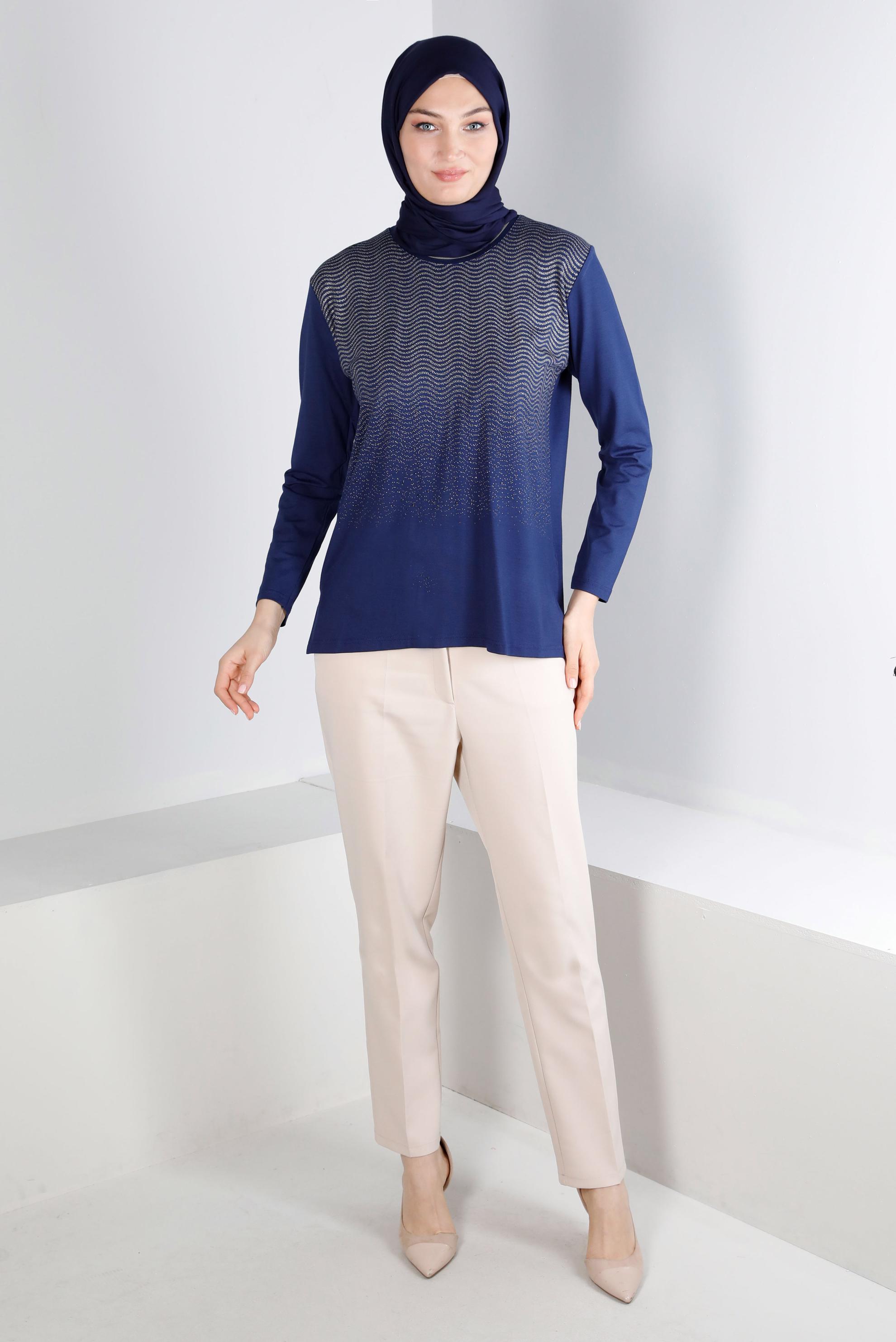 Hijab clothing NAVY BLUE PATTERNED VISCOSE BLOUSE 20250