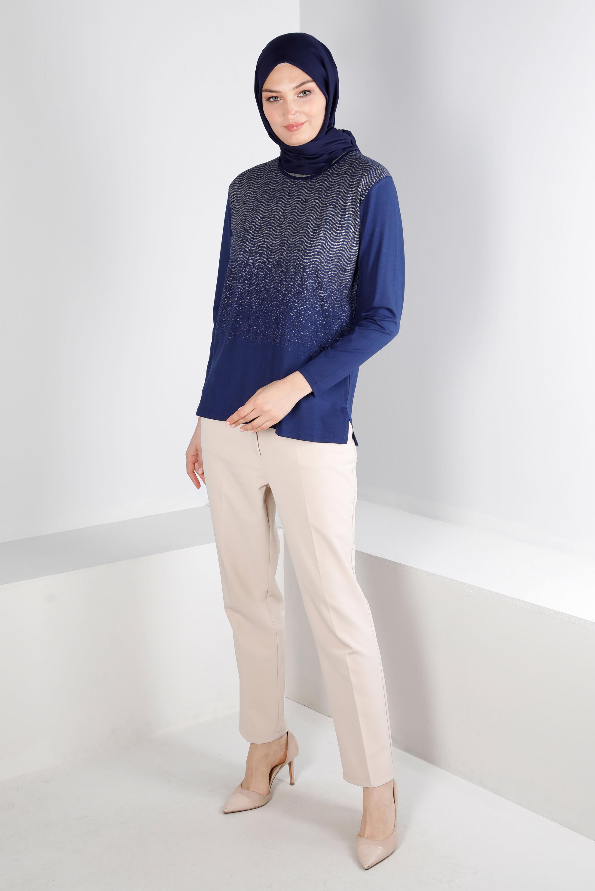 Hijab clothing NAVY BLUE PATTERNED VISCOSE BLOUSE 20250