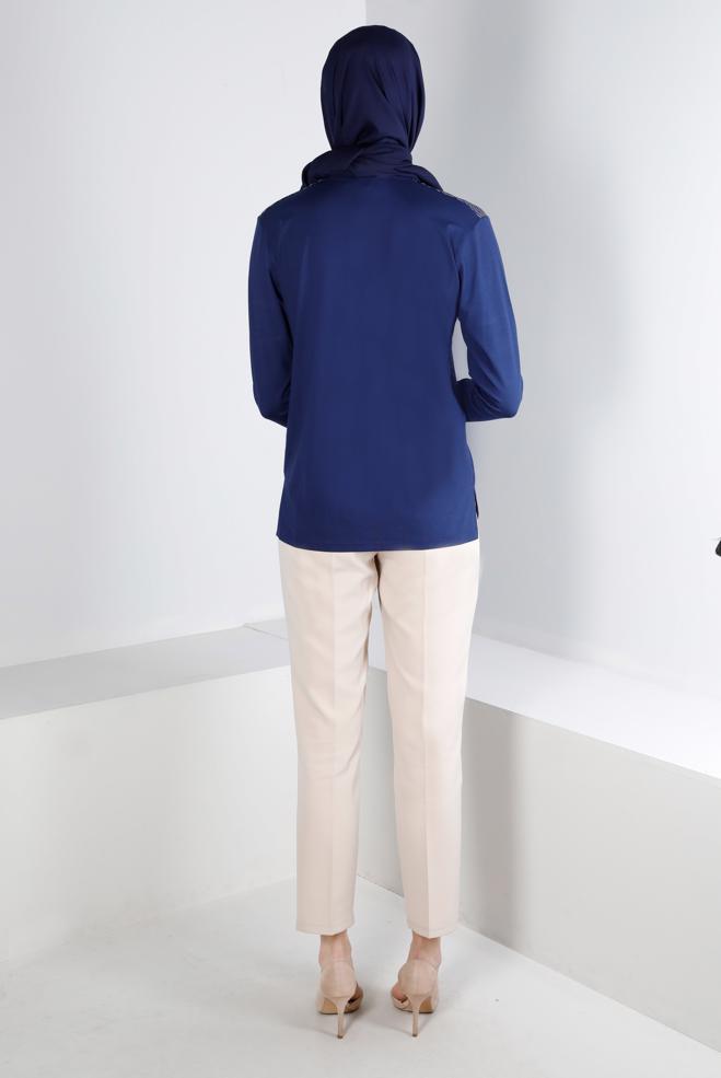 Hijab clothing NAVY BLUE PATTERNED VISCOSE BLOUSE 20250 - ALVİNA