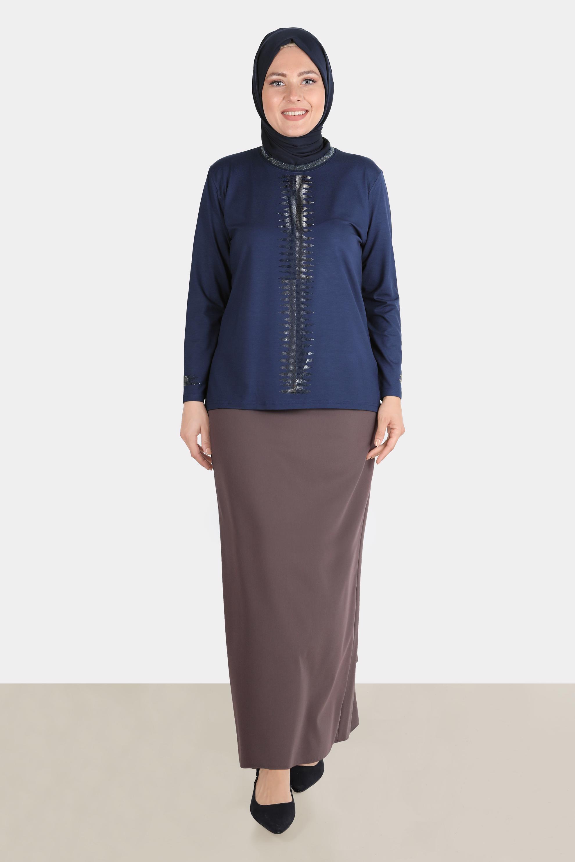 Vêtements hijab BLEU MARINE BLOUSE EN VISCOSE AVEC BIJOU 20251