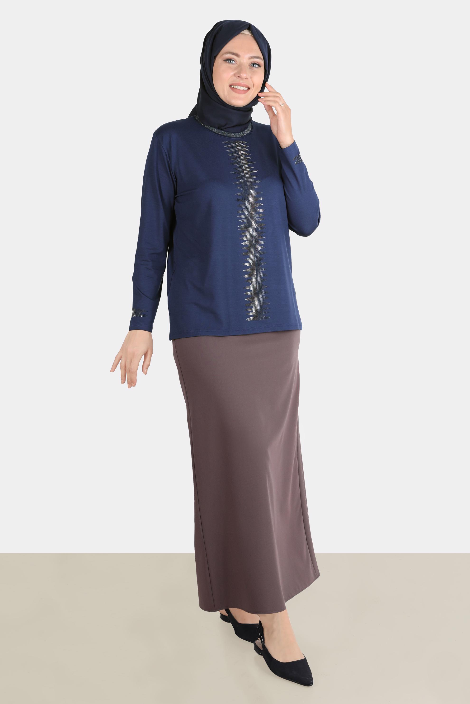 Vêtements hijab BLEU MARINE BLOUSE EN VISCOSE AVEC BIJOU 20251