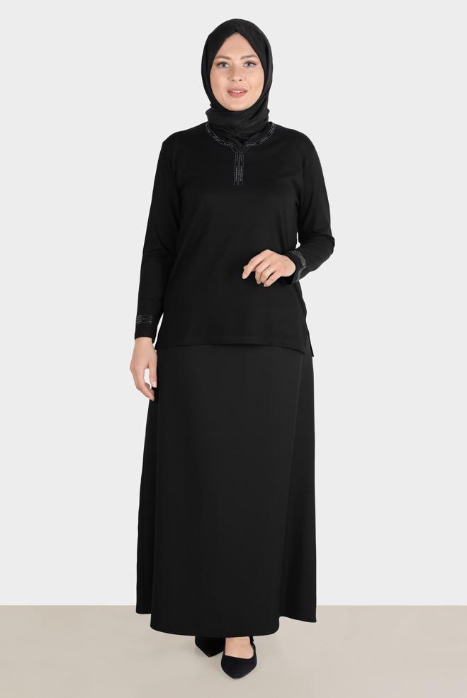 Vêtements hijab NOIR BLOUSE BRODÉE DE GEMMES 20252 - ALVİNA