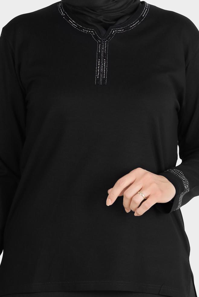 Vêtements hijab NOIR BLOUSE BRODÉE DE GEMMES 20252 - ALVİNA
