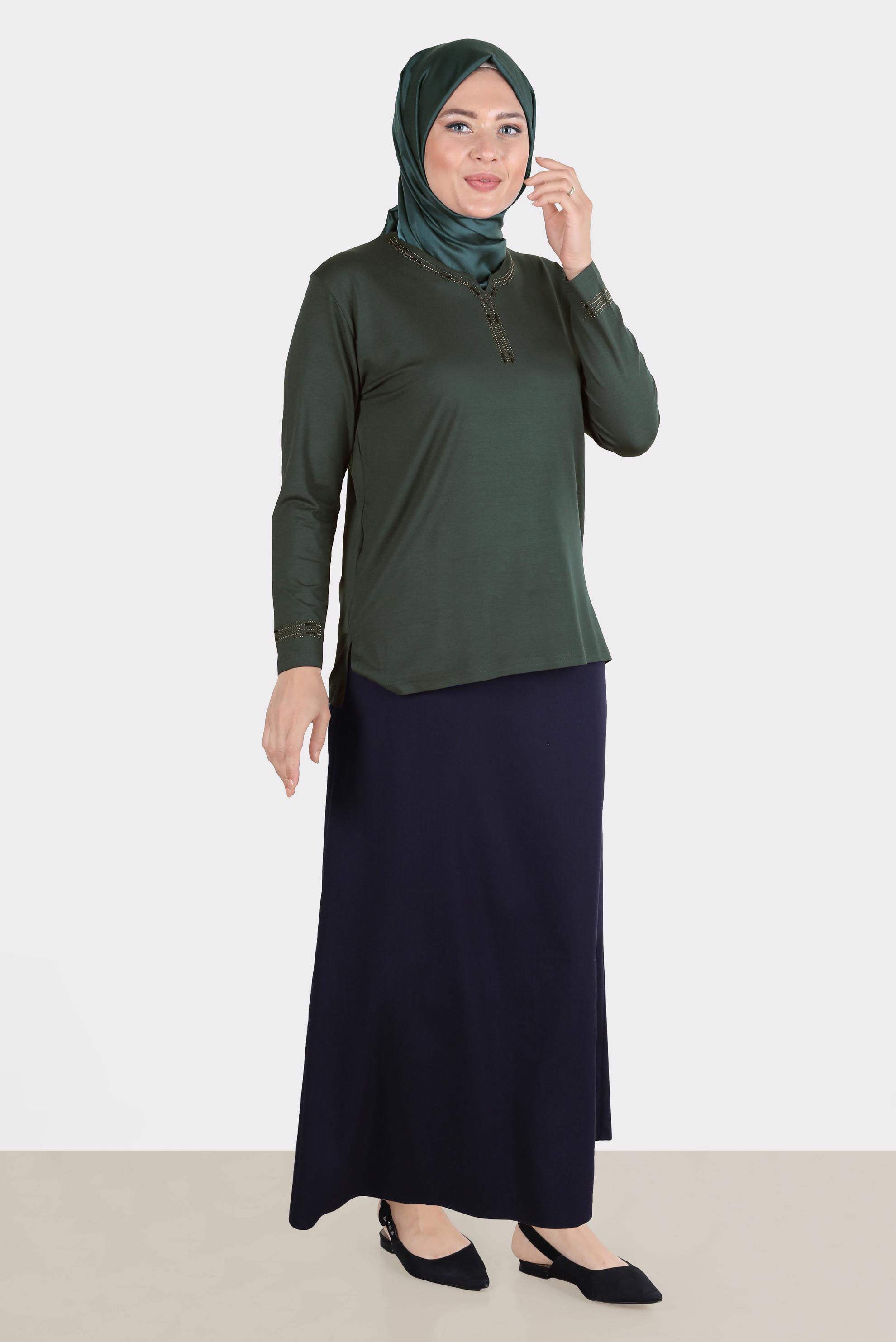 Vêtements hijab KAKI BLOUSE BRODÉE DE GEMMES 20252