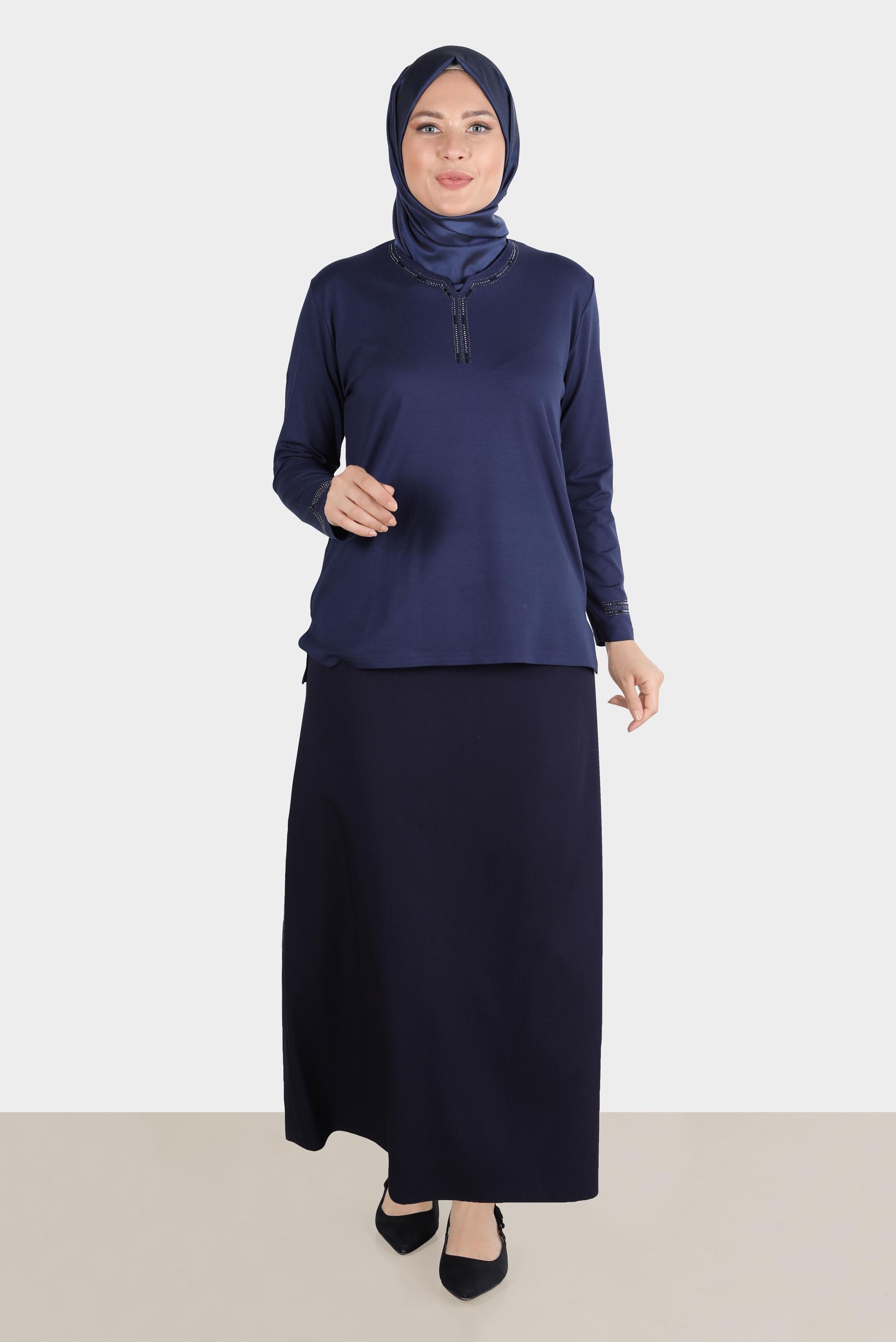 Vêtements hijab BLEU MARINE BLOUSE BRODÉE DE GEMMES 20252