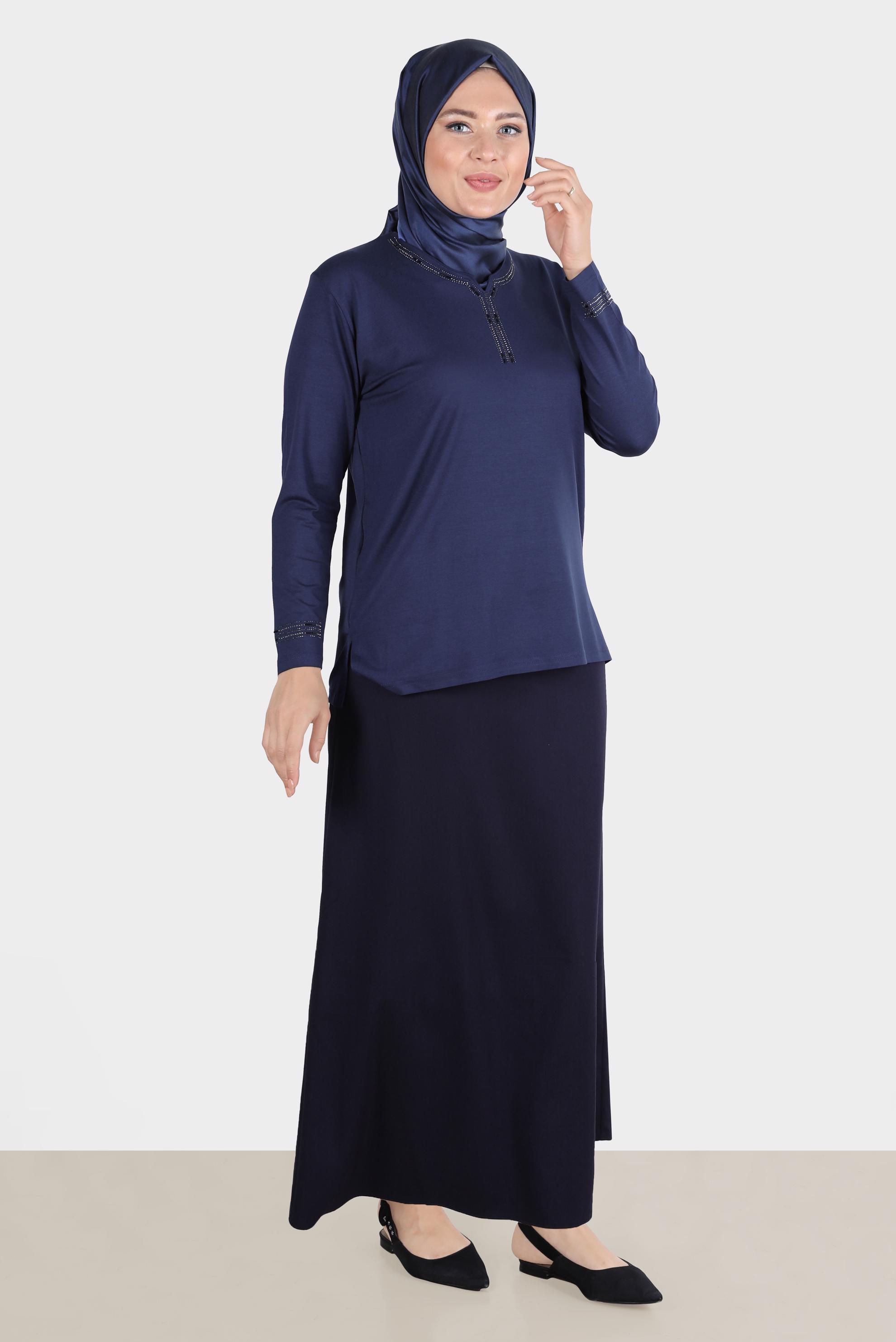Vêtements hijab BLEU MARINE BLOUSE BRODÉE DE GEMMES 20252