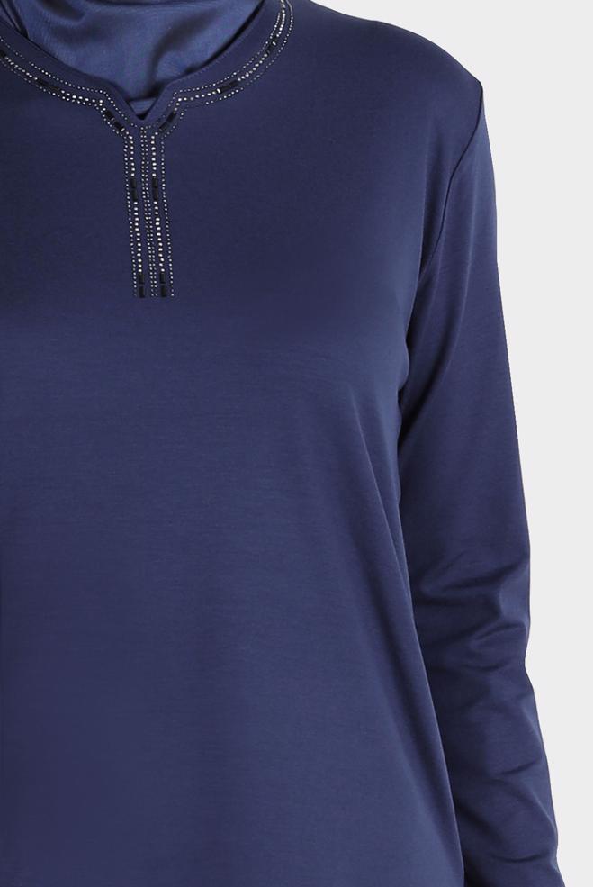 Vêtements hijab BLEU MARINE BLOUSE BRODÉE DE GEMMES 20252 - ALVİNA