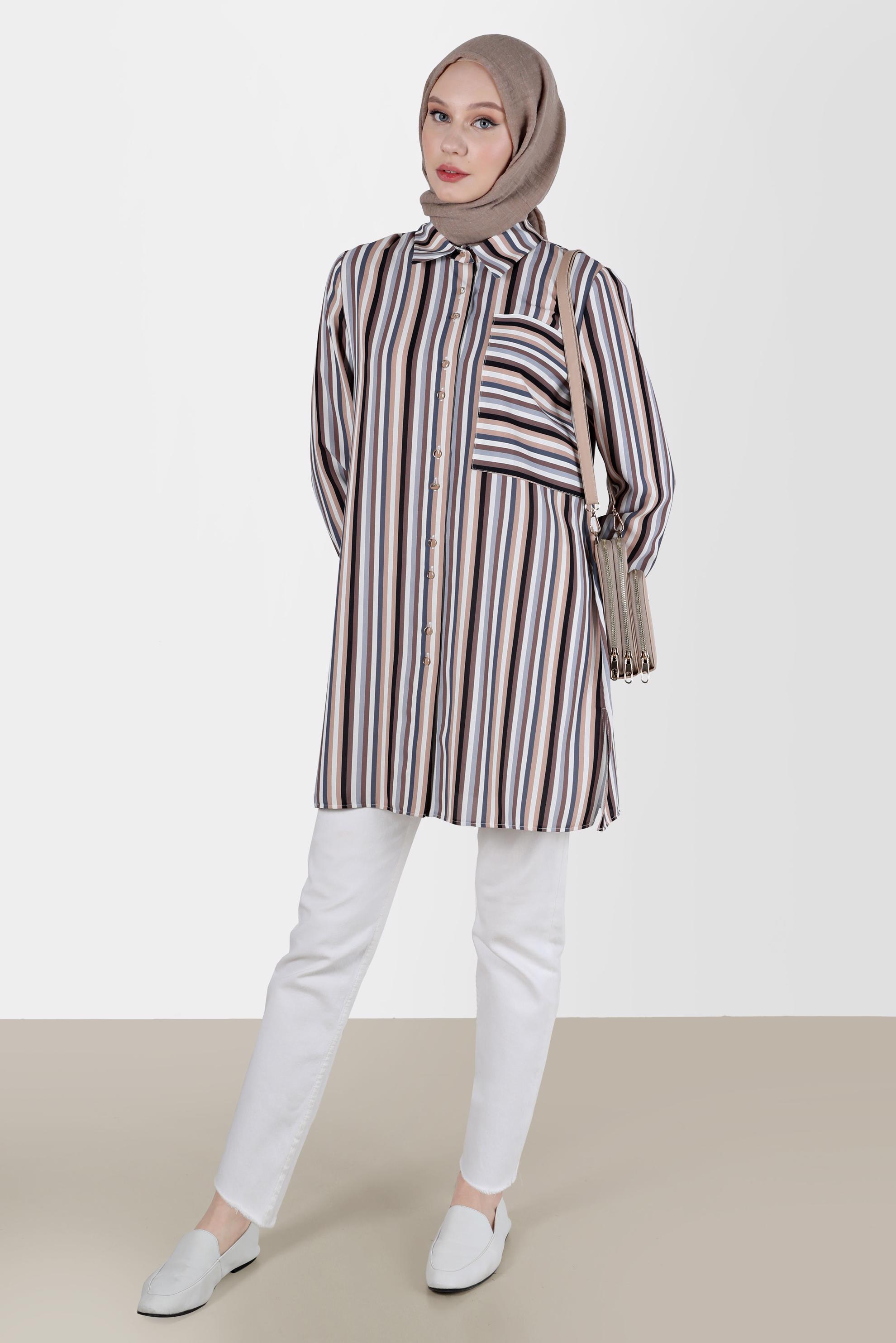 Vêtements hijab GRIS BLOUSE À RAYURES AVEC POCHES 41755