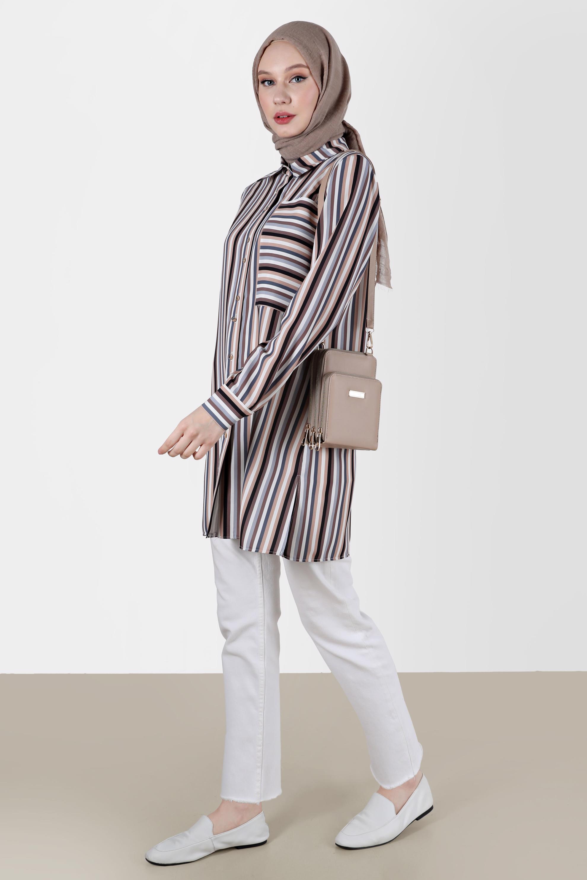 Vêtements hijab GRIS BLOUSE À RAYURES AVEC POCHES 41755