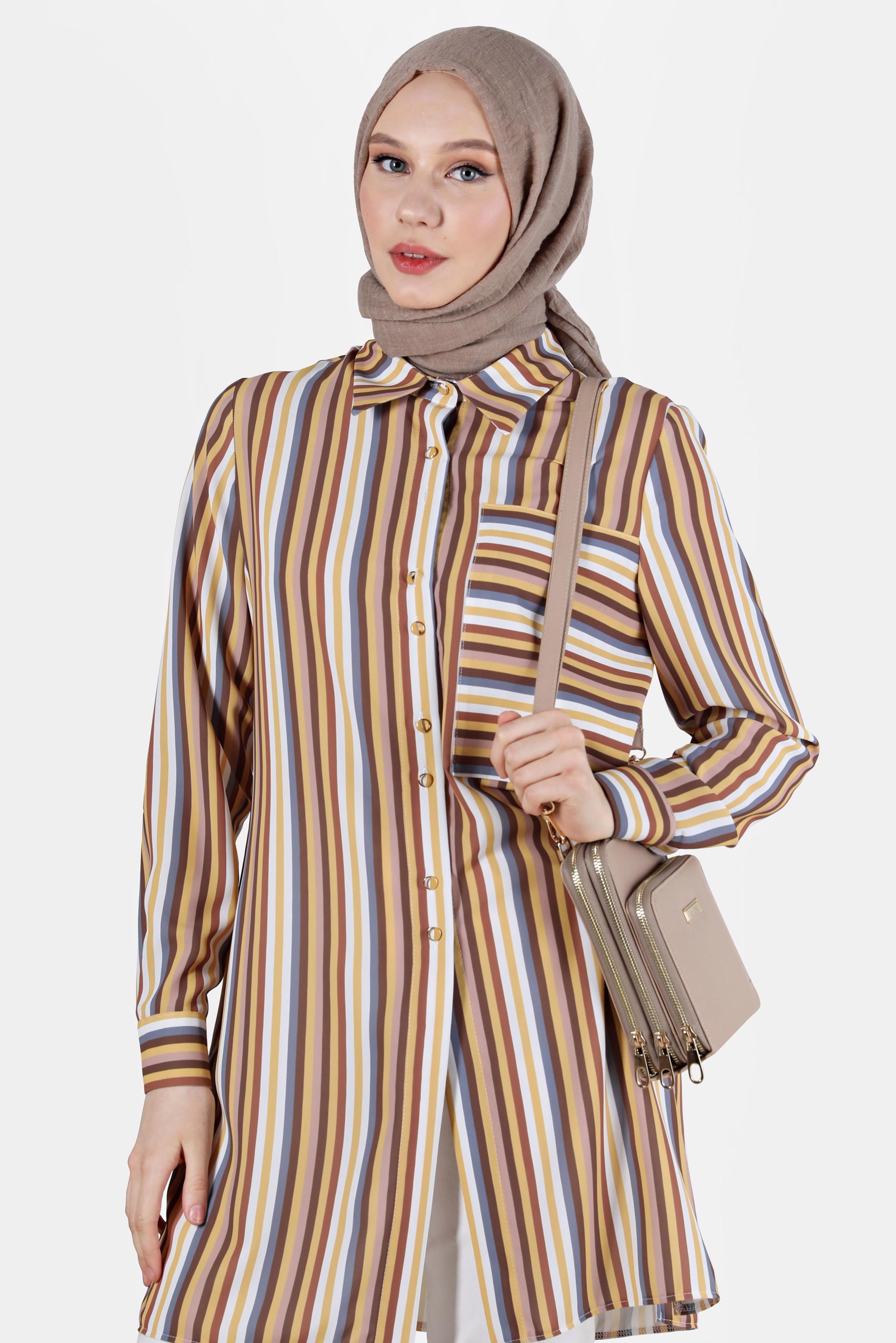 Tesettür giyim SARI CEP DETAYLI ÇİZGİLİ BLUZ 41755 