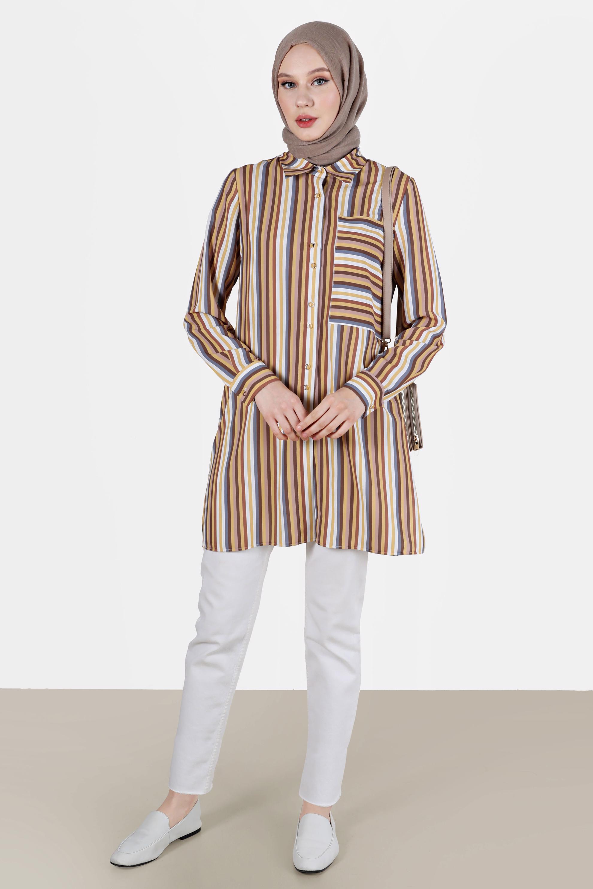 Tesettür giyim SARI CEP DETAYLI ÇİZGİLİ BLUZ 41755 