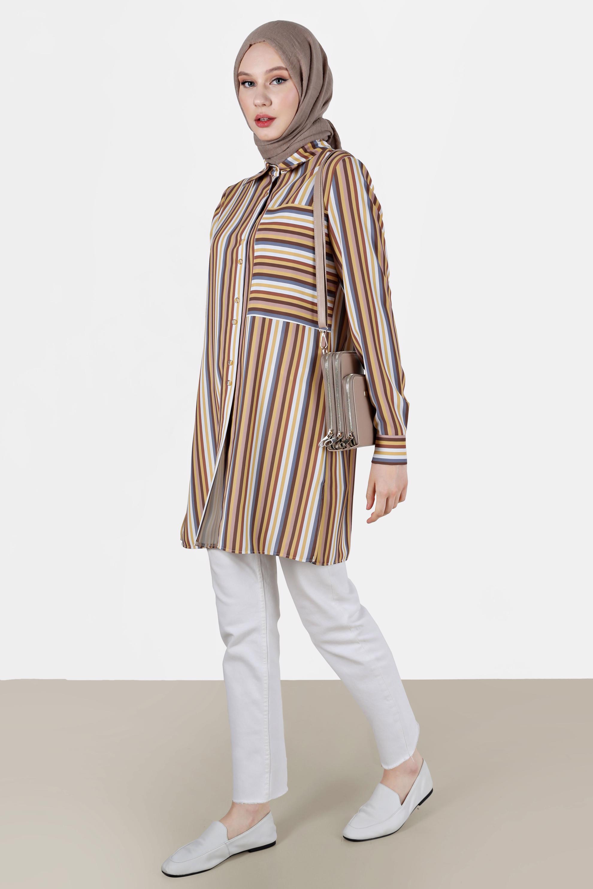 Tesettür giyim SARI CEP DETAYLI ÇİZGİLİ BLUZ 41755 