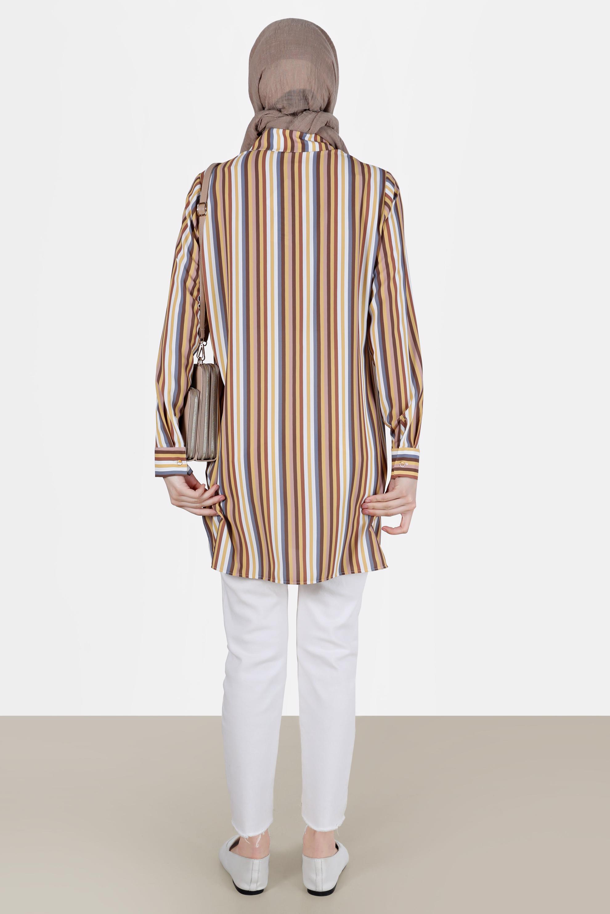 Tesettür giyim SARI CEP DETAYLI ÇİZGİLİ BLUZ 41755 