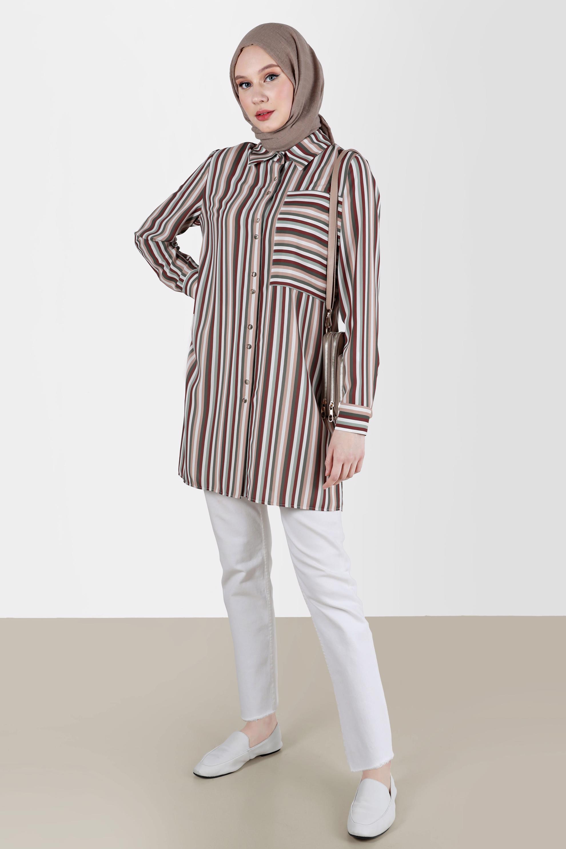 Tesettür giyim HAKİ CEP DETAYLI ÇİZGİLİ BLUZ 41755 