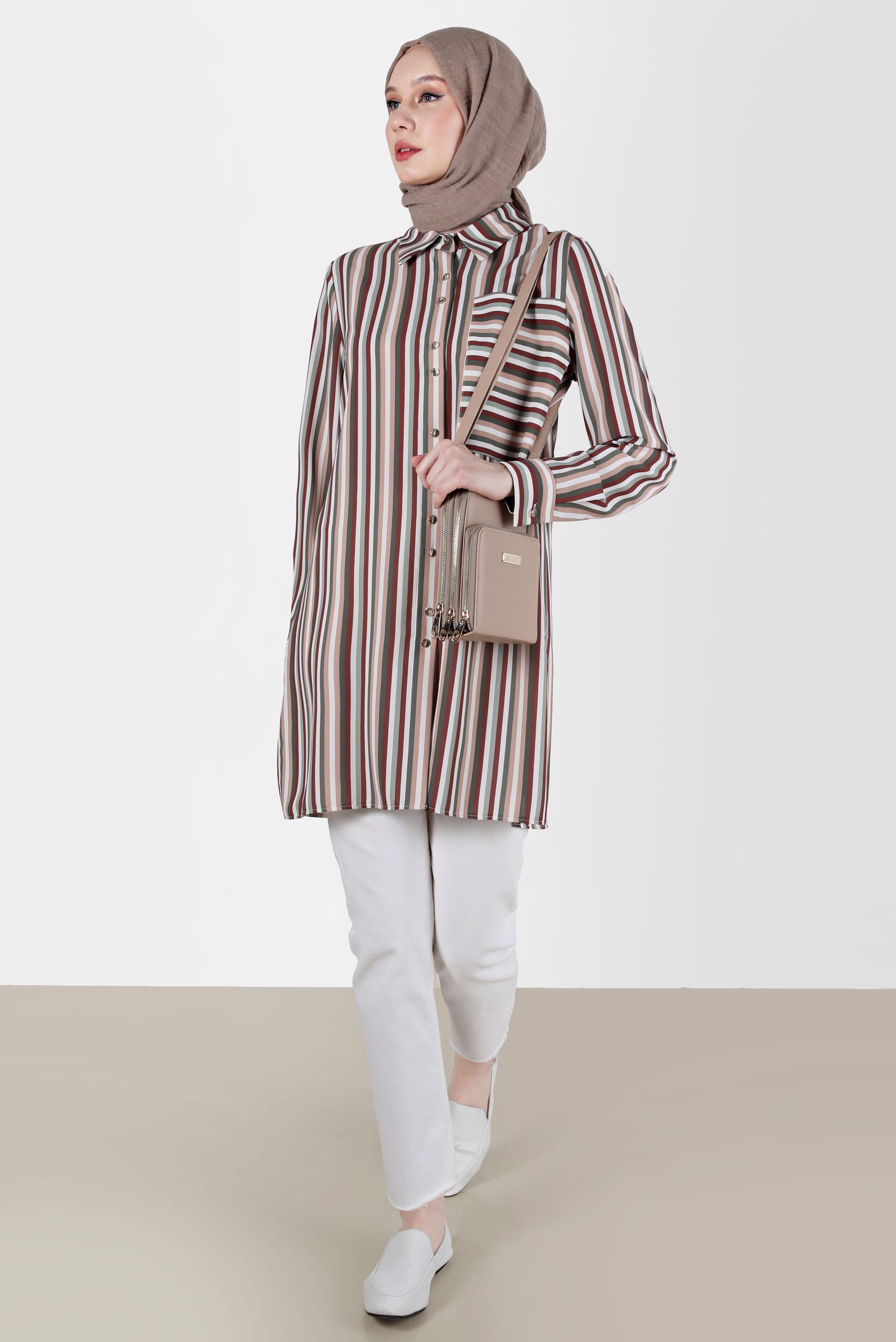 Tesettür giyim HAKİ CEP DETAYLI ÇİZGİLİ BLUZ 41755 