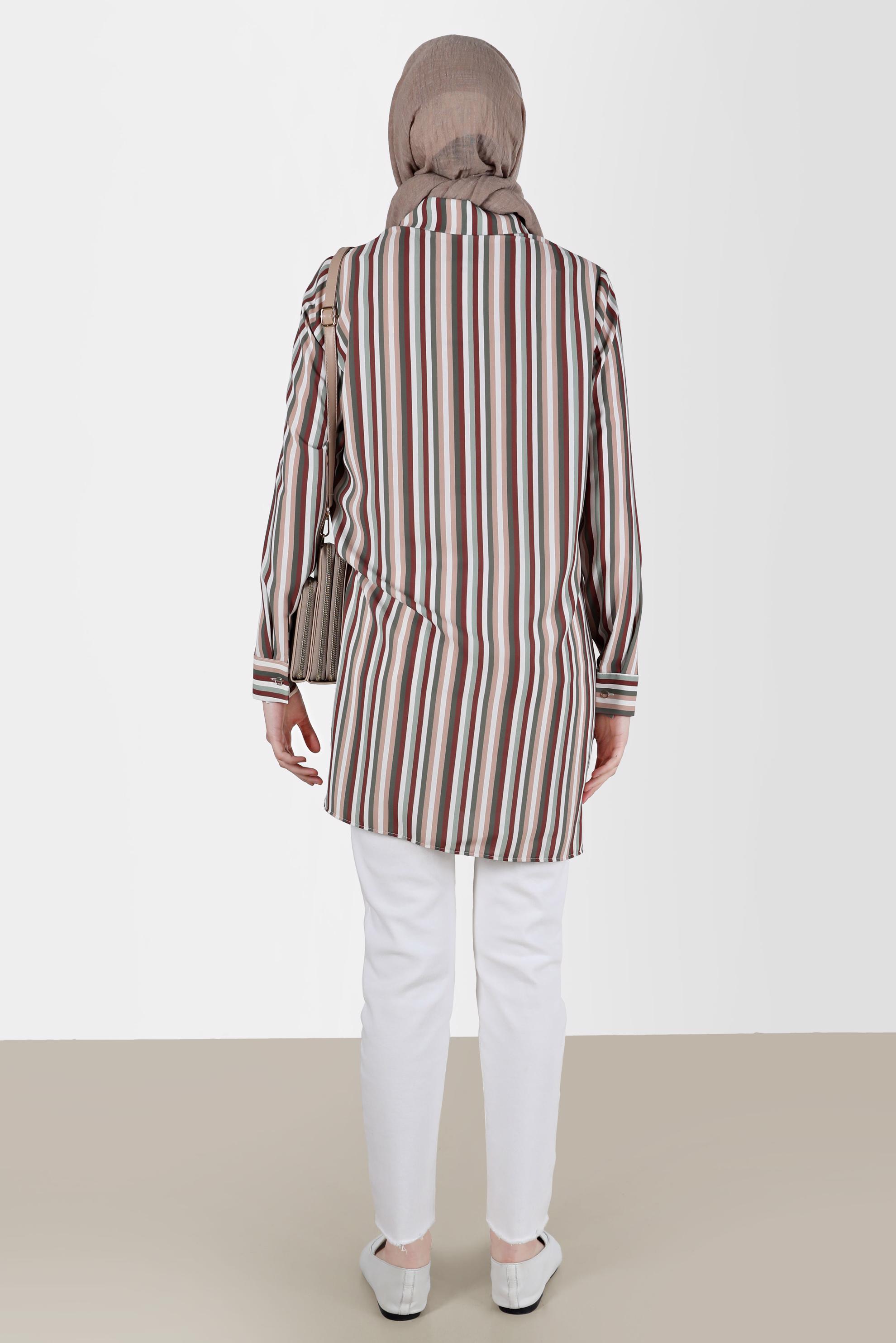 Tesettür giyim HAKİ CEP DETAYLI ÇİZGİLİ BLUZ 41755 