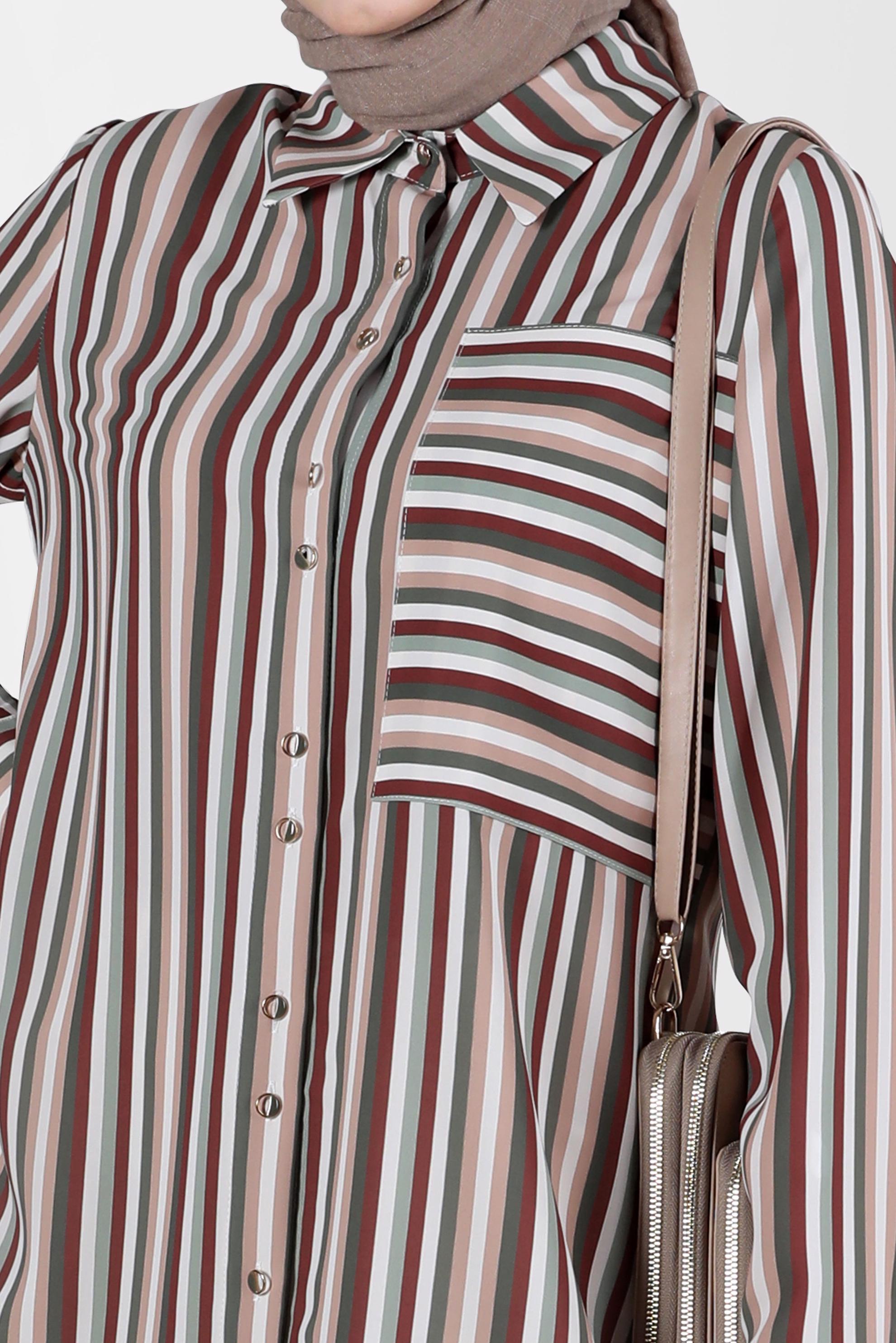 Tesettür giyim HAKİ CEP DETAYLI ÇİZGİLİ BLUZ 41755 