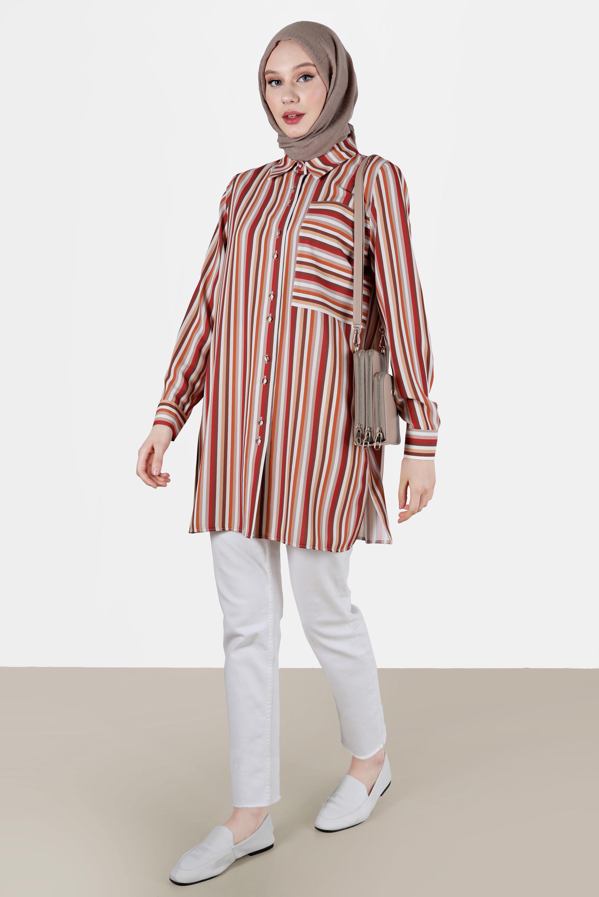 Vêtements hijab ORANGE BLOUSE À RAYURES AVEC POCHES 41755
