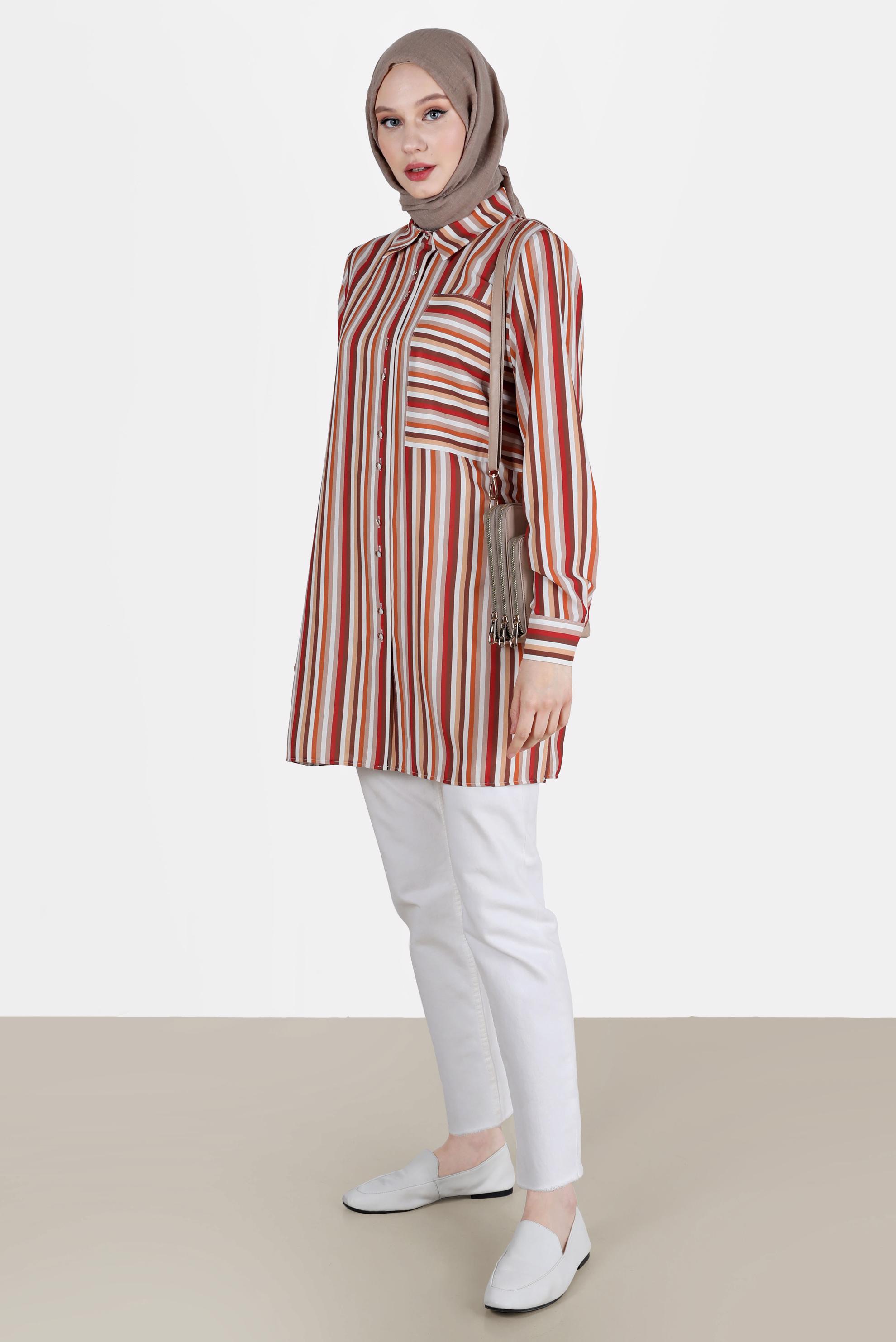 Vêtements hijab ORANGE BLOUSE À RAYURES AVEC POCHES 41755