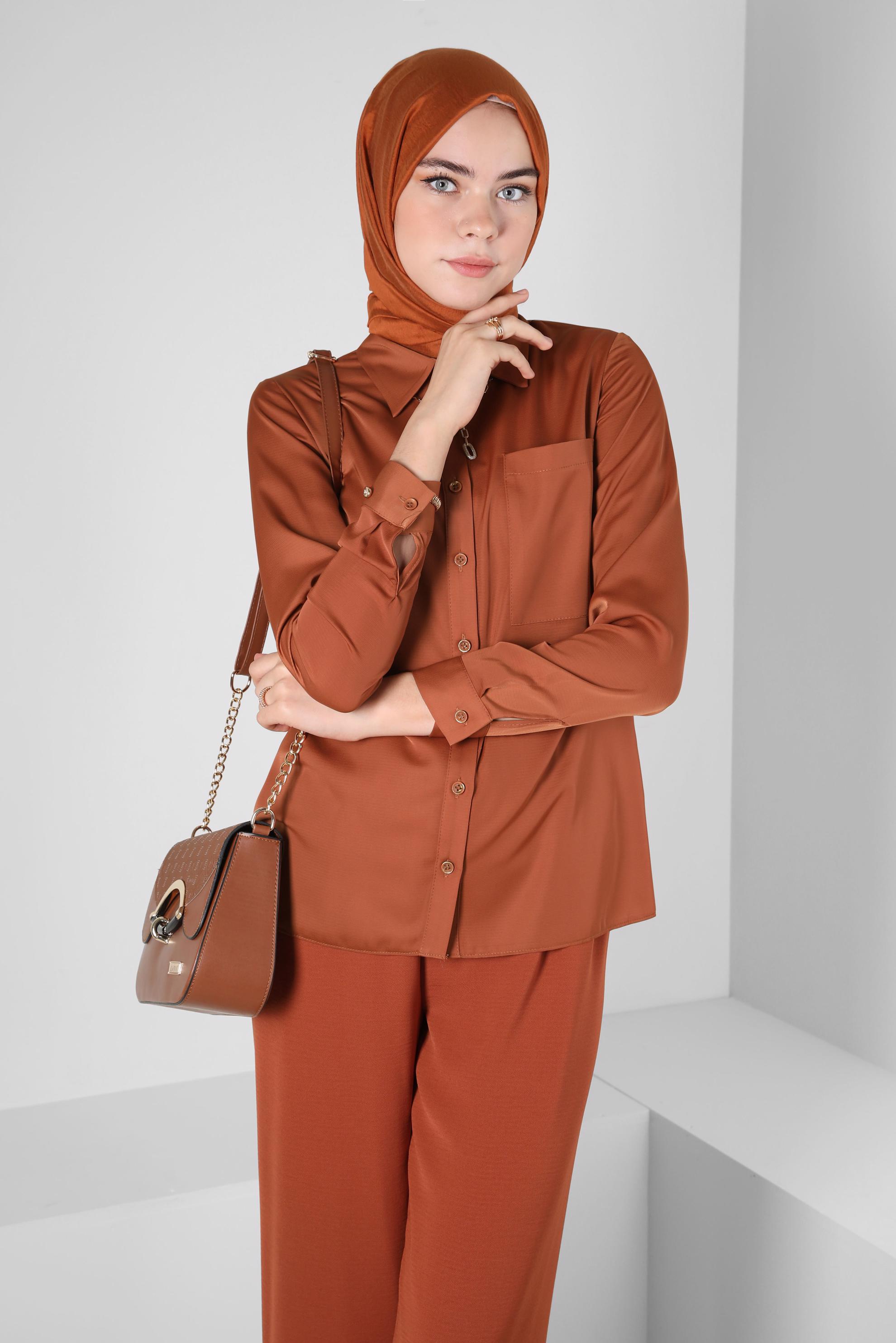 Tesettür giyim TURUNCU CEP DETAYLI BLUZ 41760 