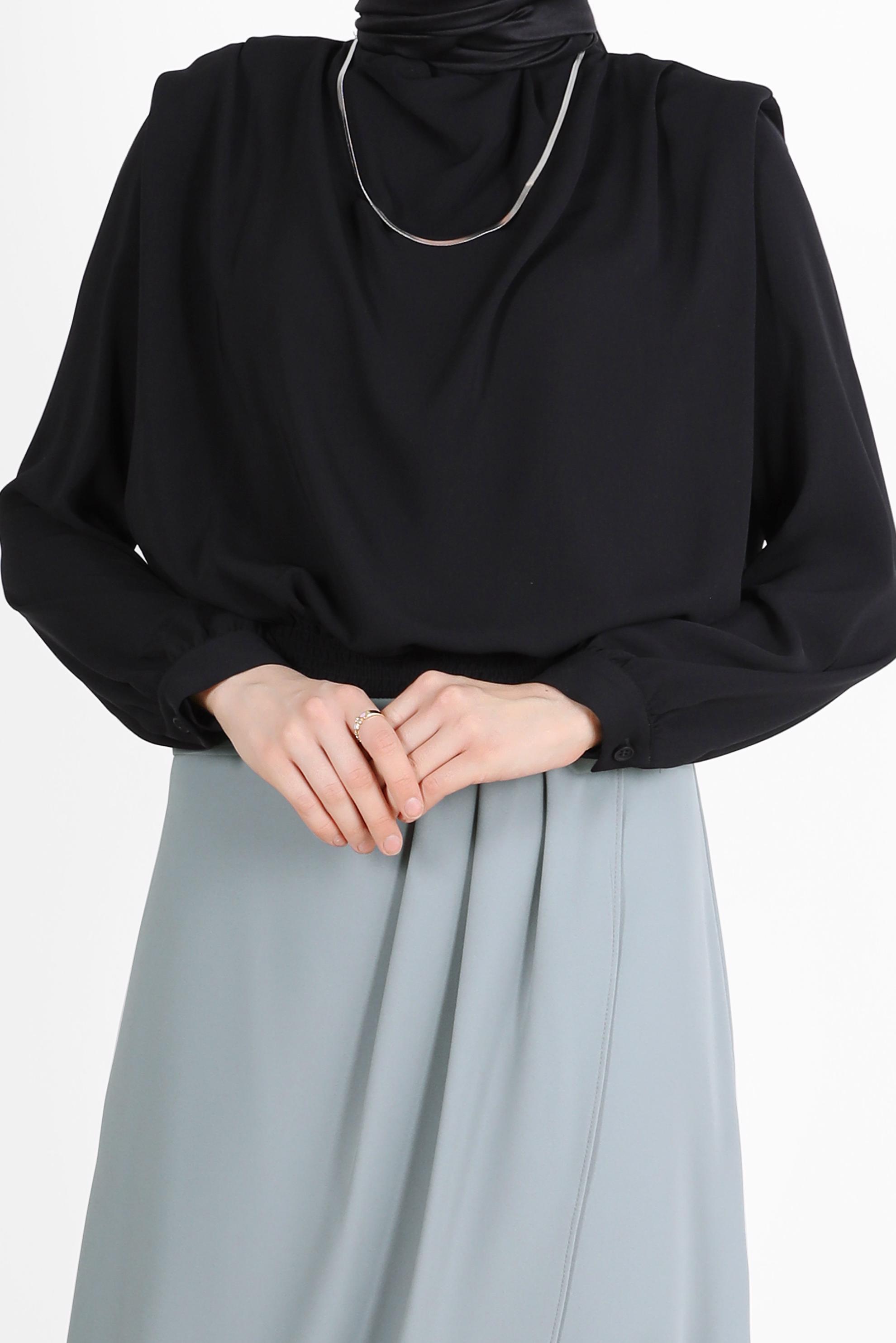 Tesettür giyim SİYAH BELİ LASTİKLİ VATKALI BLUZ 42366	