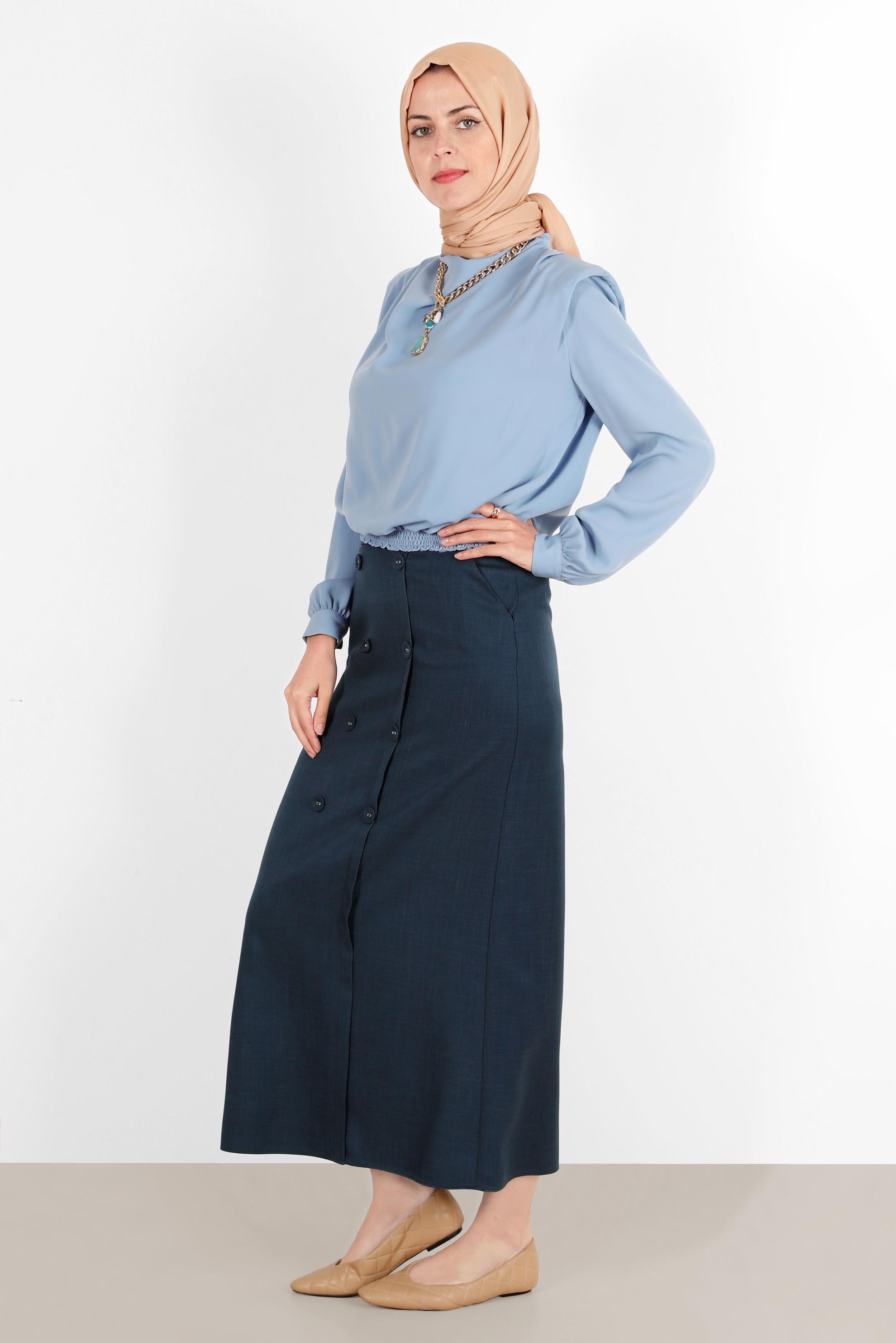 Tesettür giyim MAVİ BELİ LASTİKLİ VATKALI BLUZ 42366	