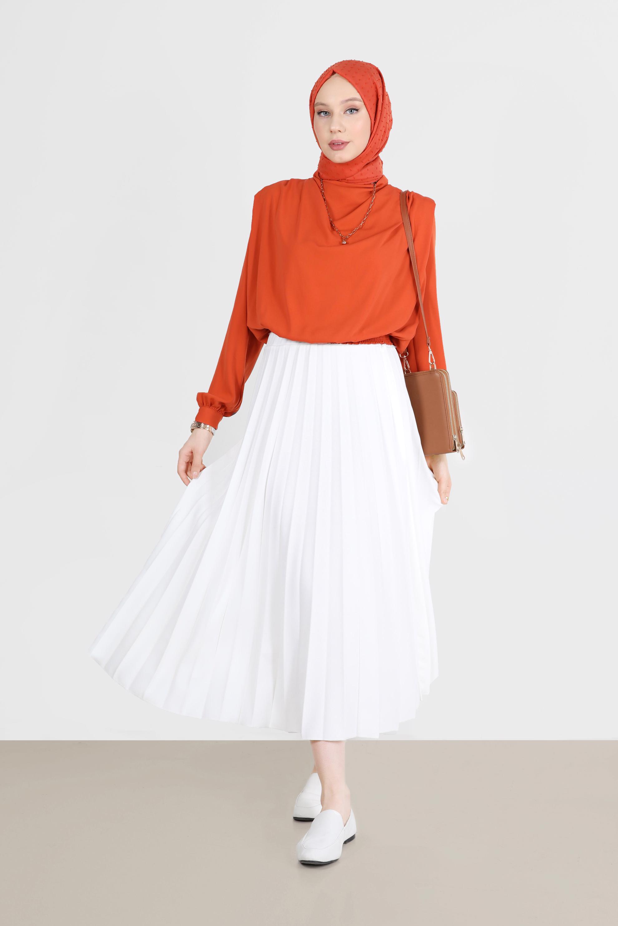 Tesettür giyim TURUNCU BELİ LASTİKLİ VATKALI BLUZ 42366	