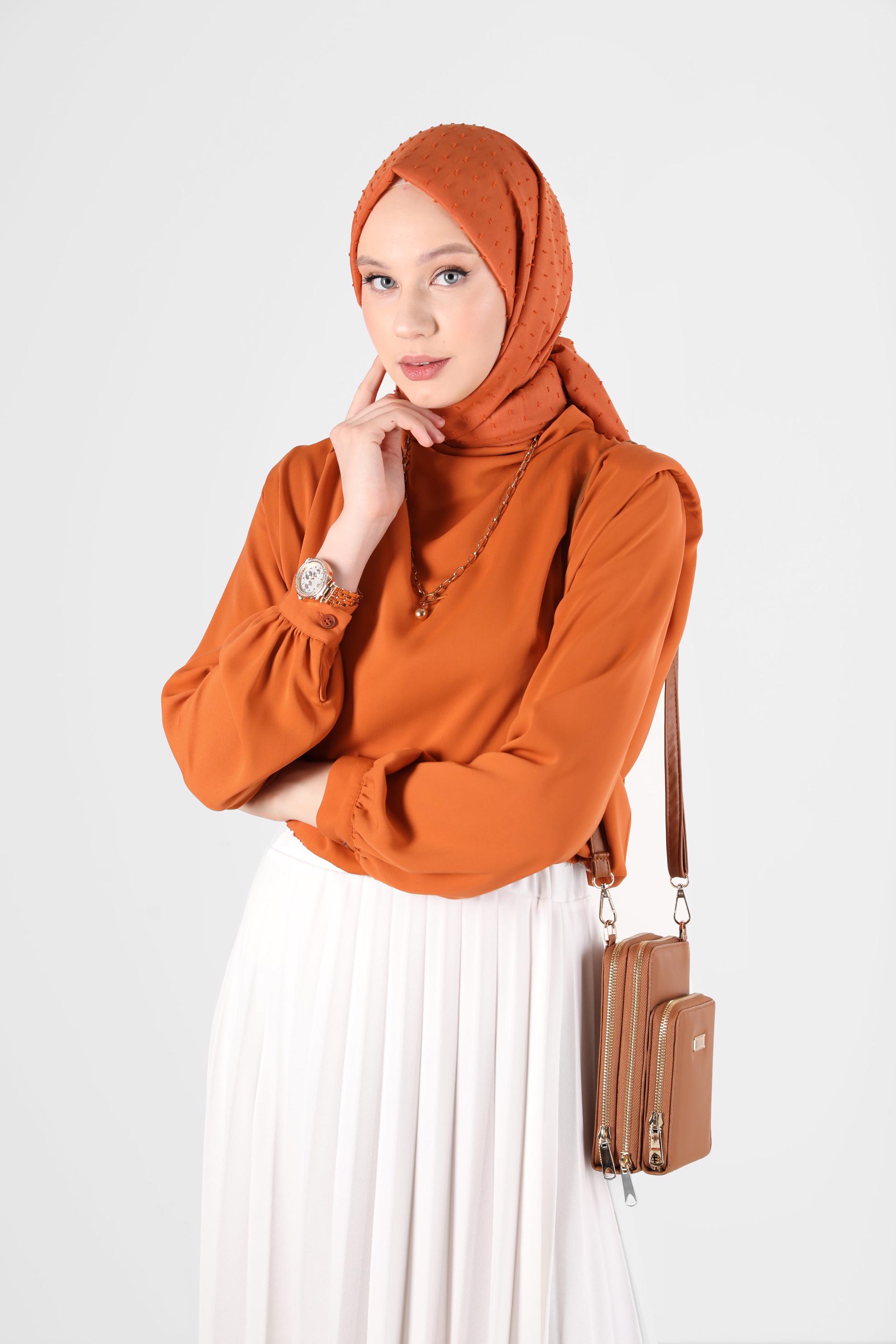 Tesettür giyim TABA BELİ LASTİKLİ VATKALI BLUZ 42366	