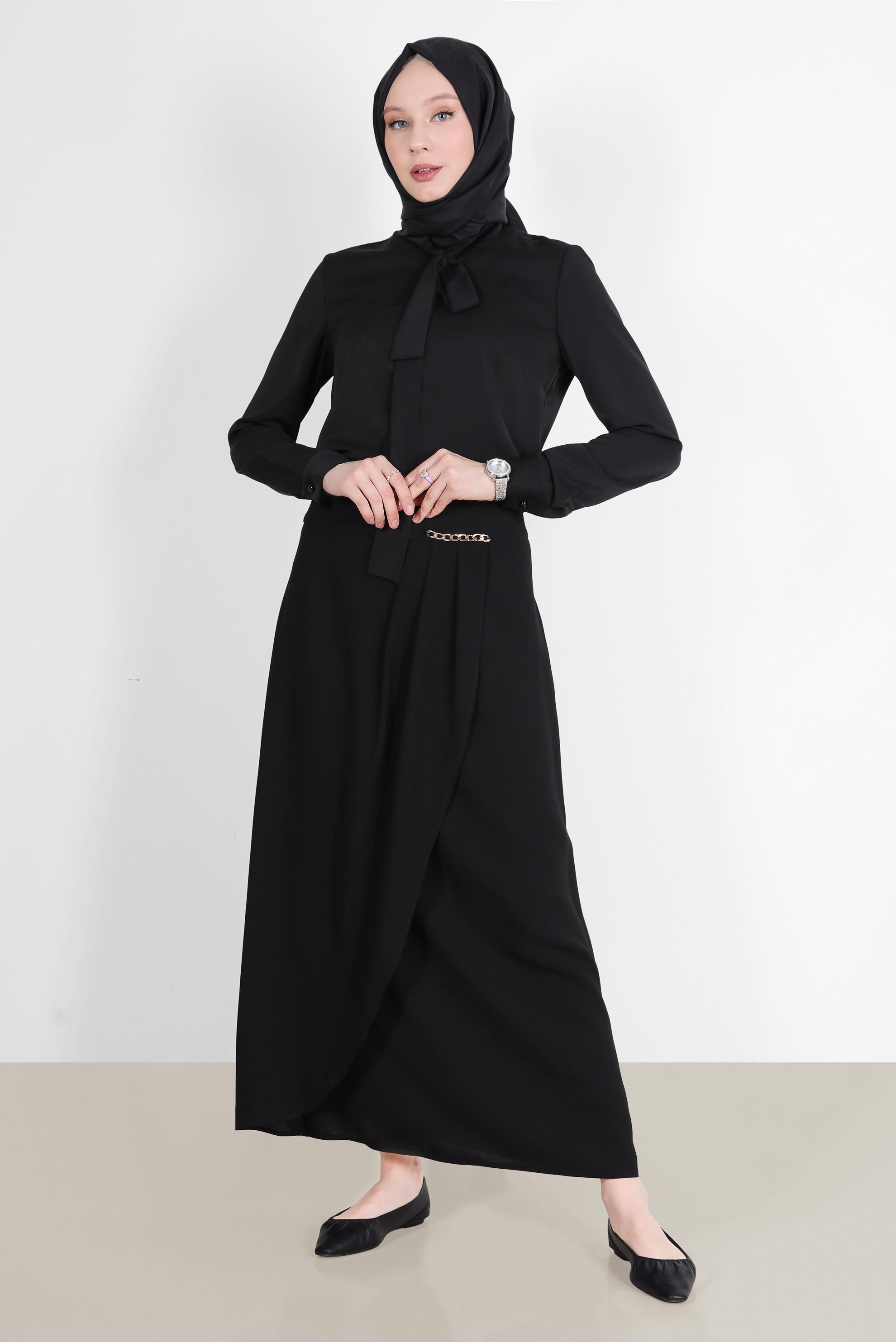 Tesettür giyim SİYAH YAKASI BAĞLAMA DETAYLI TUNİK 42628 