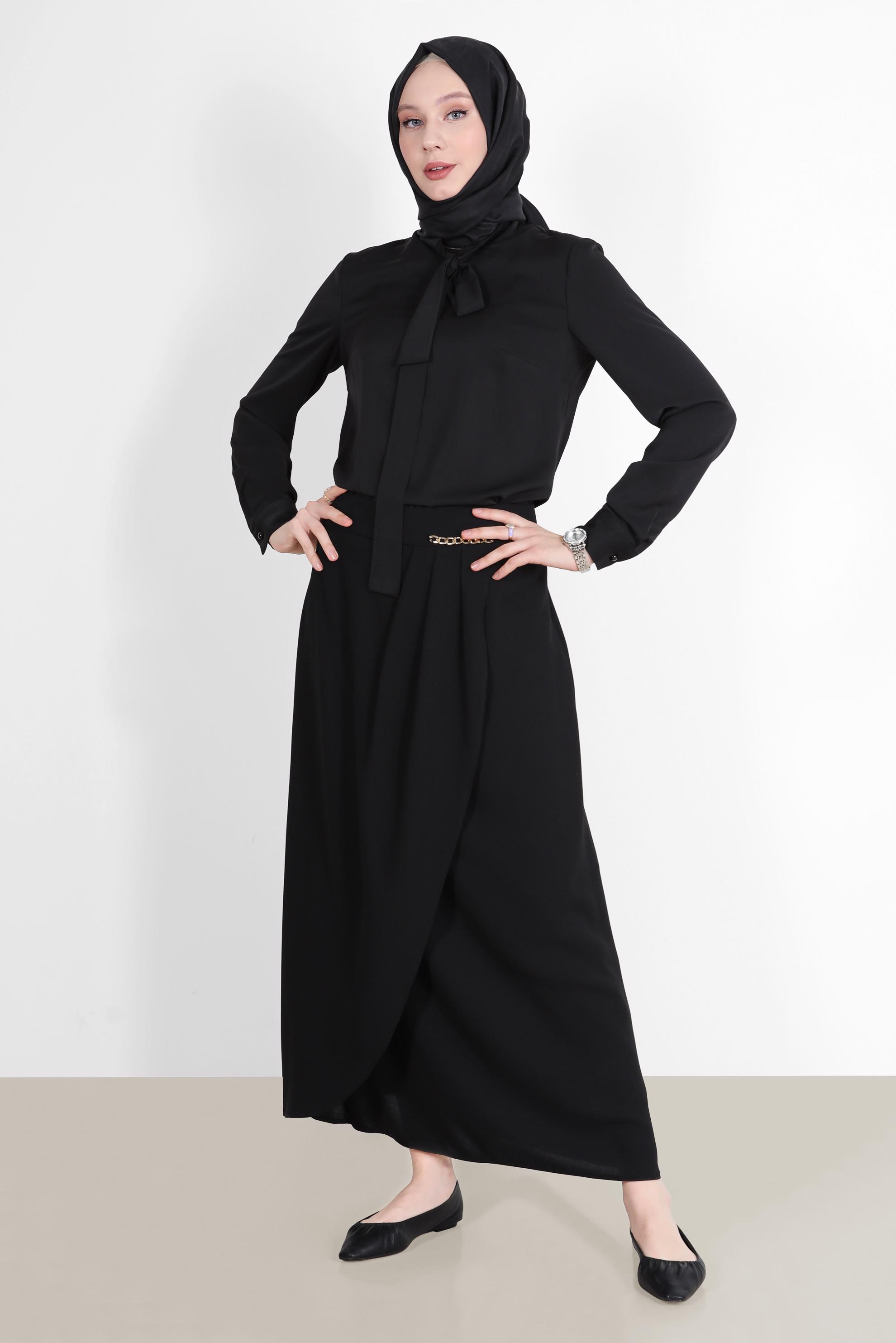 Tesettür giyim SİYAH YAKASI BAĞLAMA DETAYLI TUNİK 42628 