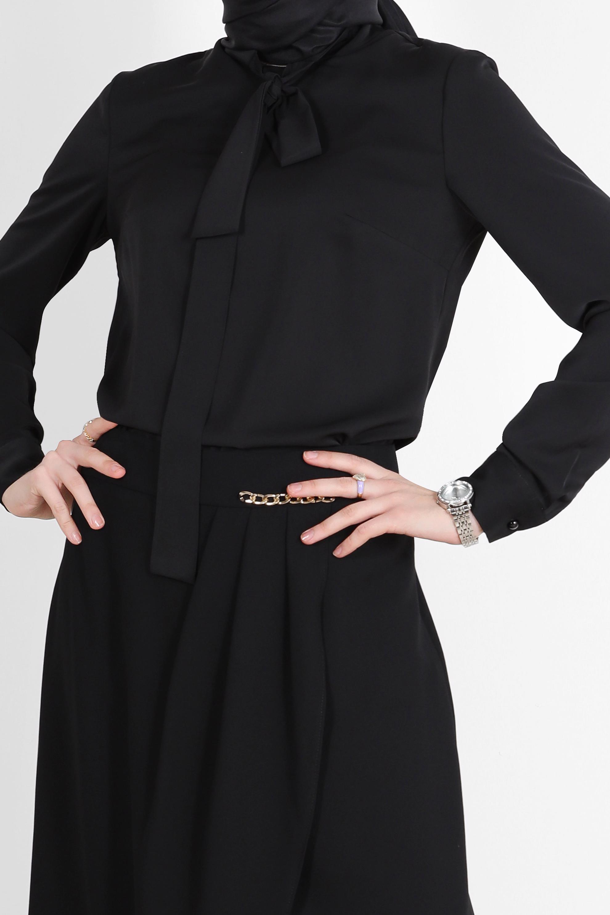 Tesettür giyim SİYAH YAKASI BAĞLAMA DETAYLI TUNİK 42628 