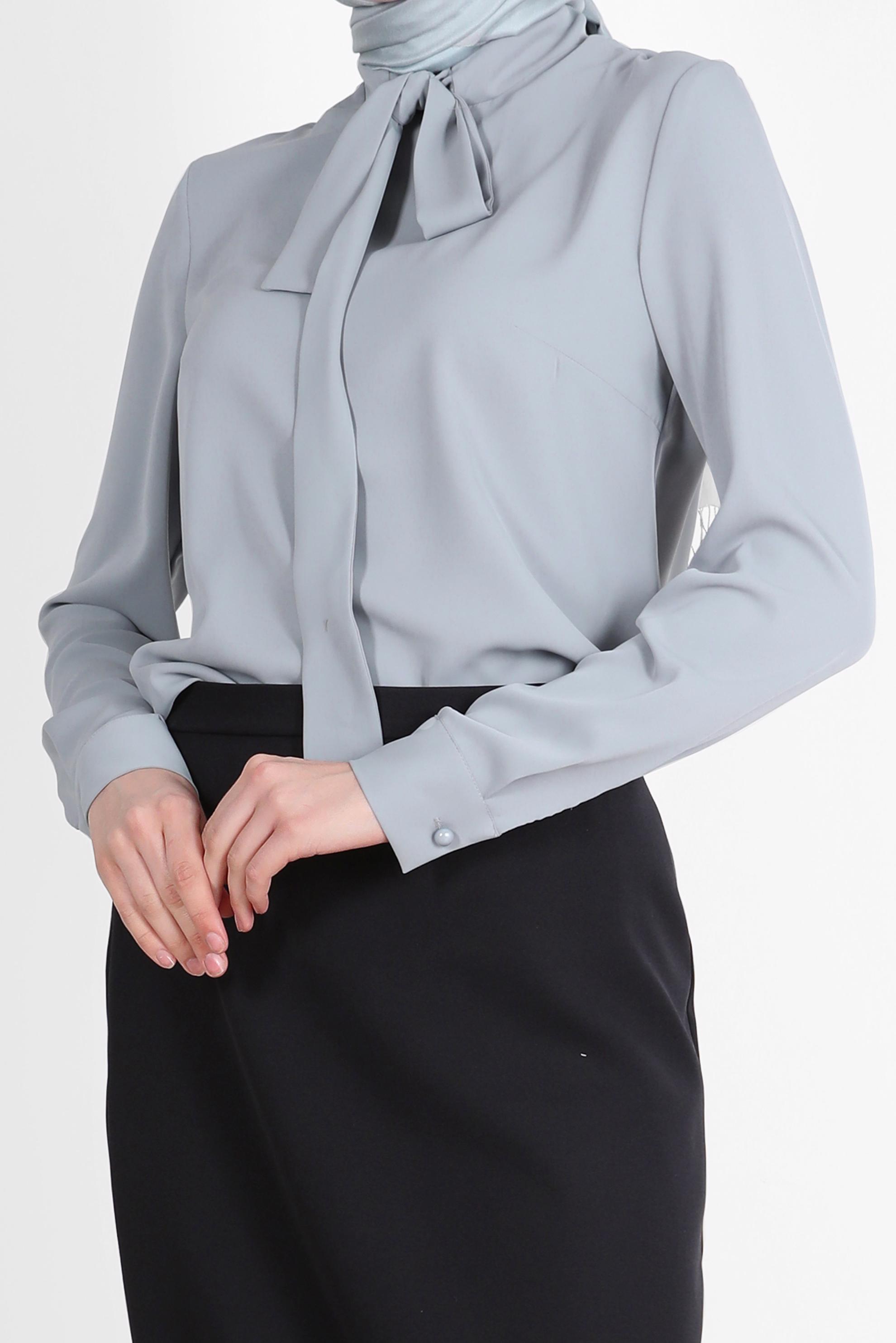 Tesettür giyim GRİ YAKASI BAĞLAMA DETAYLI TUNİK 42628 