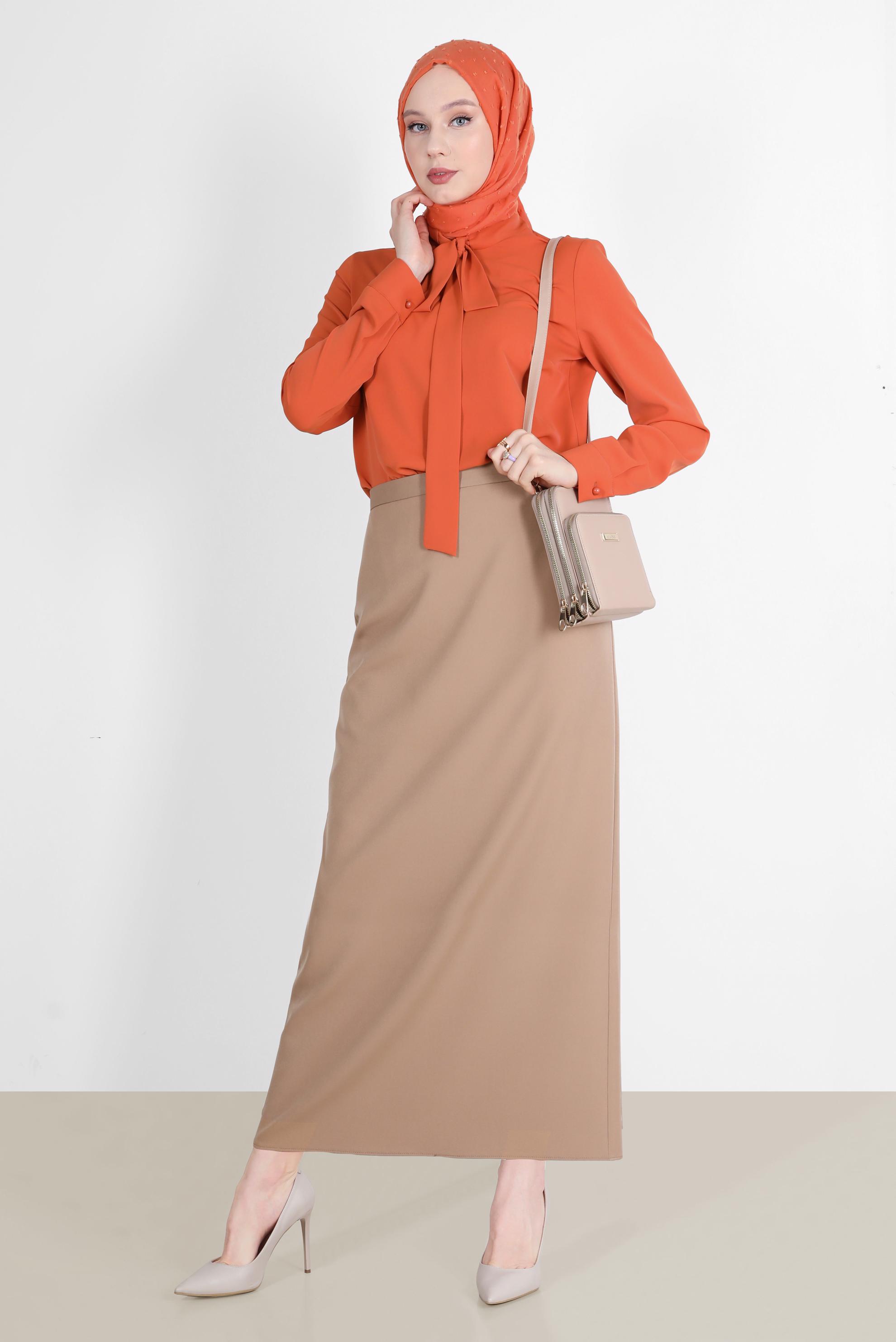 Tesettür giyim TURUNCU YAKASI BAĞLAMA DETAYLI TUNİK 42628 