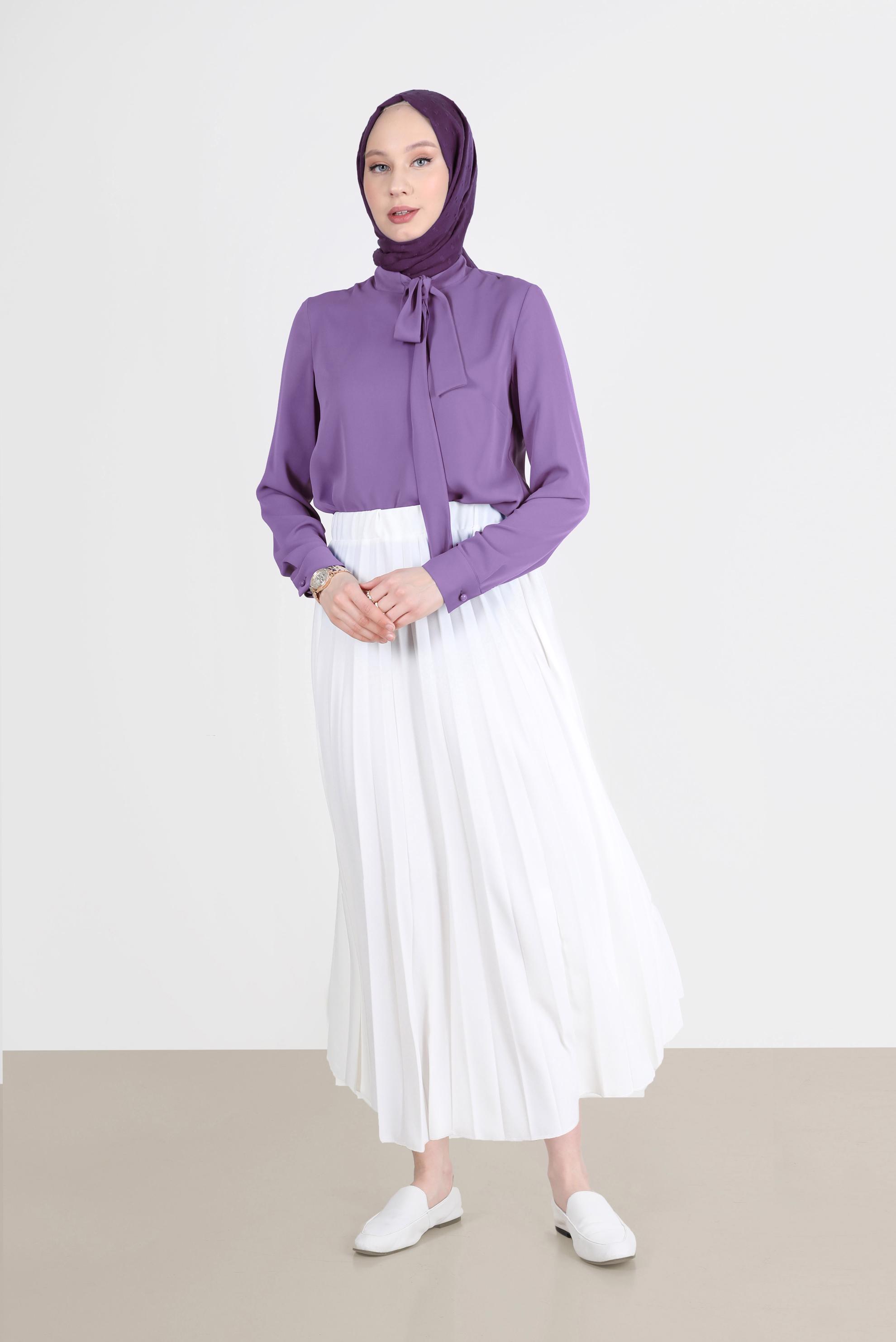 Tesettür giyim MOR YAKASI BAĞLAMA DETAYLI TUNİK 42628 