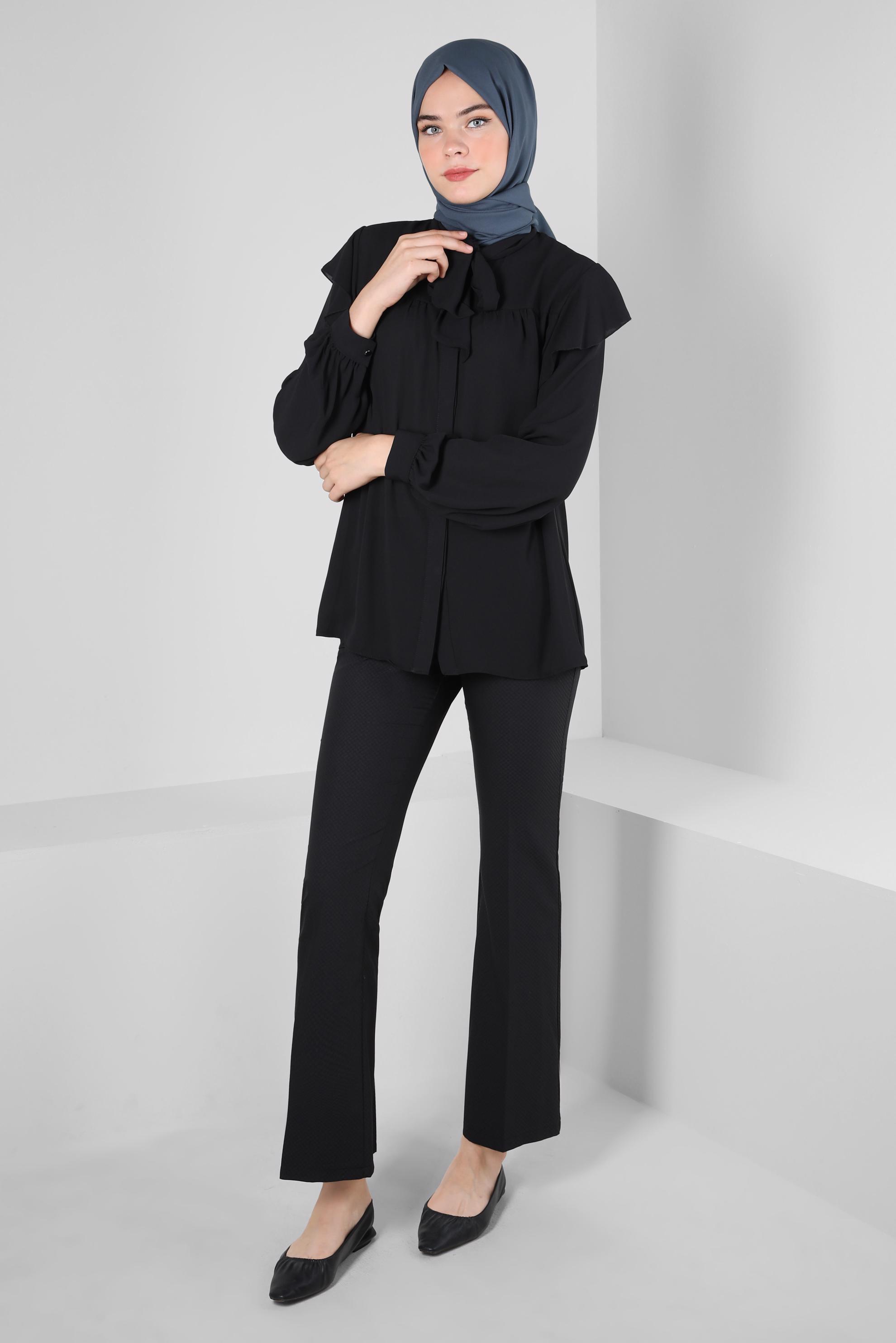 Tesettür giyim SİYAH YAKASI BAĞLAMALI BLUZ 42705