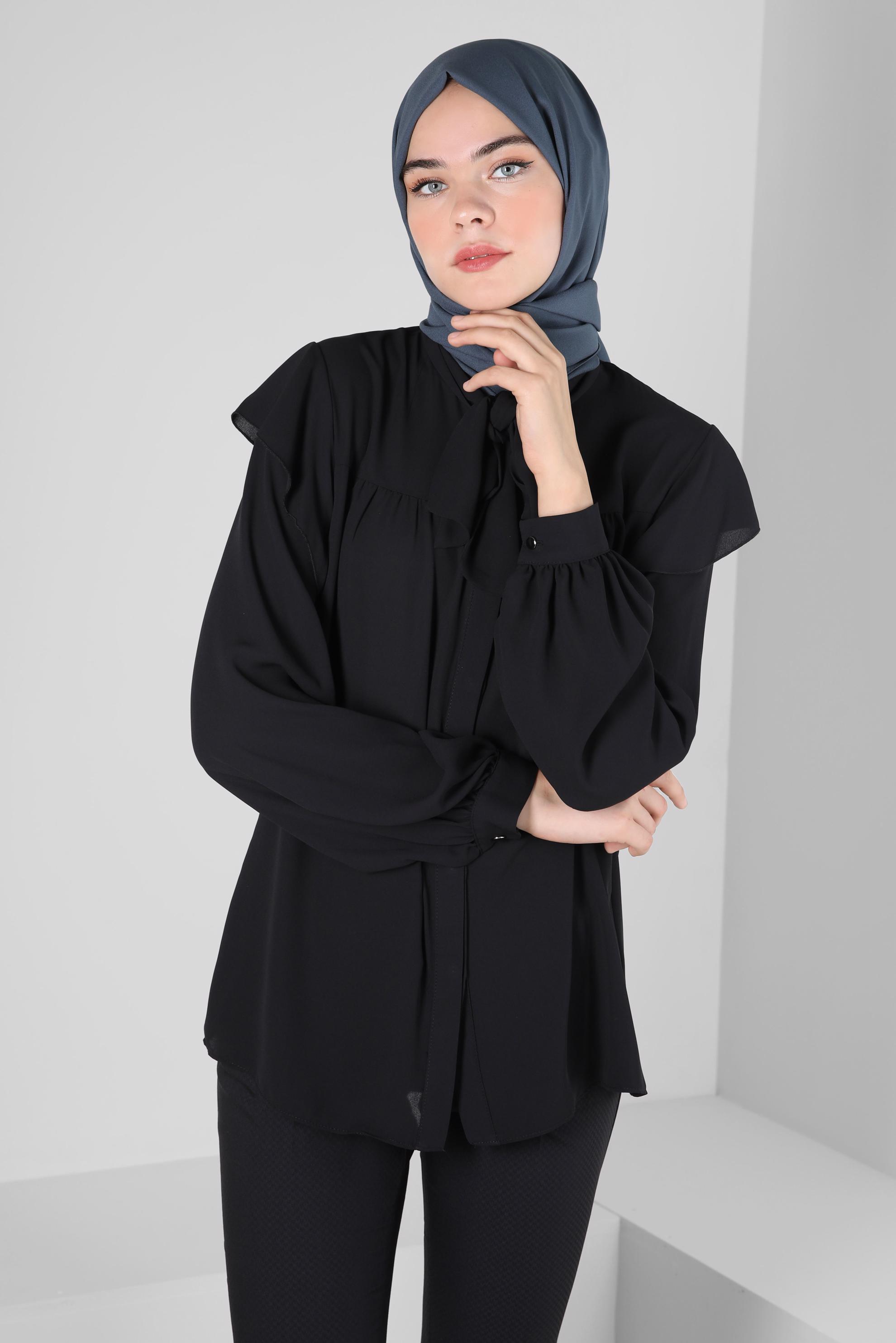 Tesettür giyim SİYAH YAKASI BAĞLAMALI BLUZ 42705