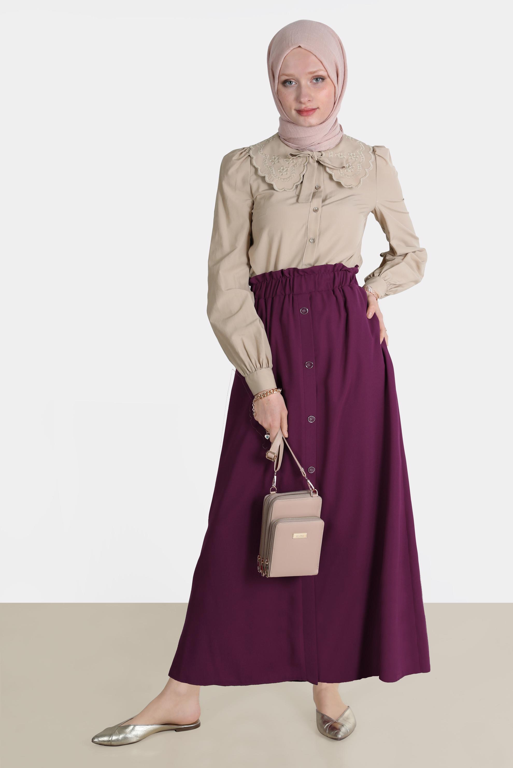 Tesettür giyim BEJ NAKIŞLI YAKA DETAYLI PAMUKLU BLUZ 42722 