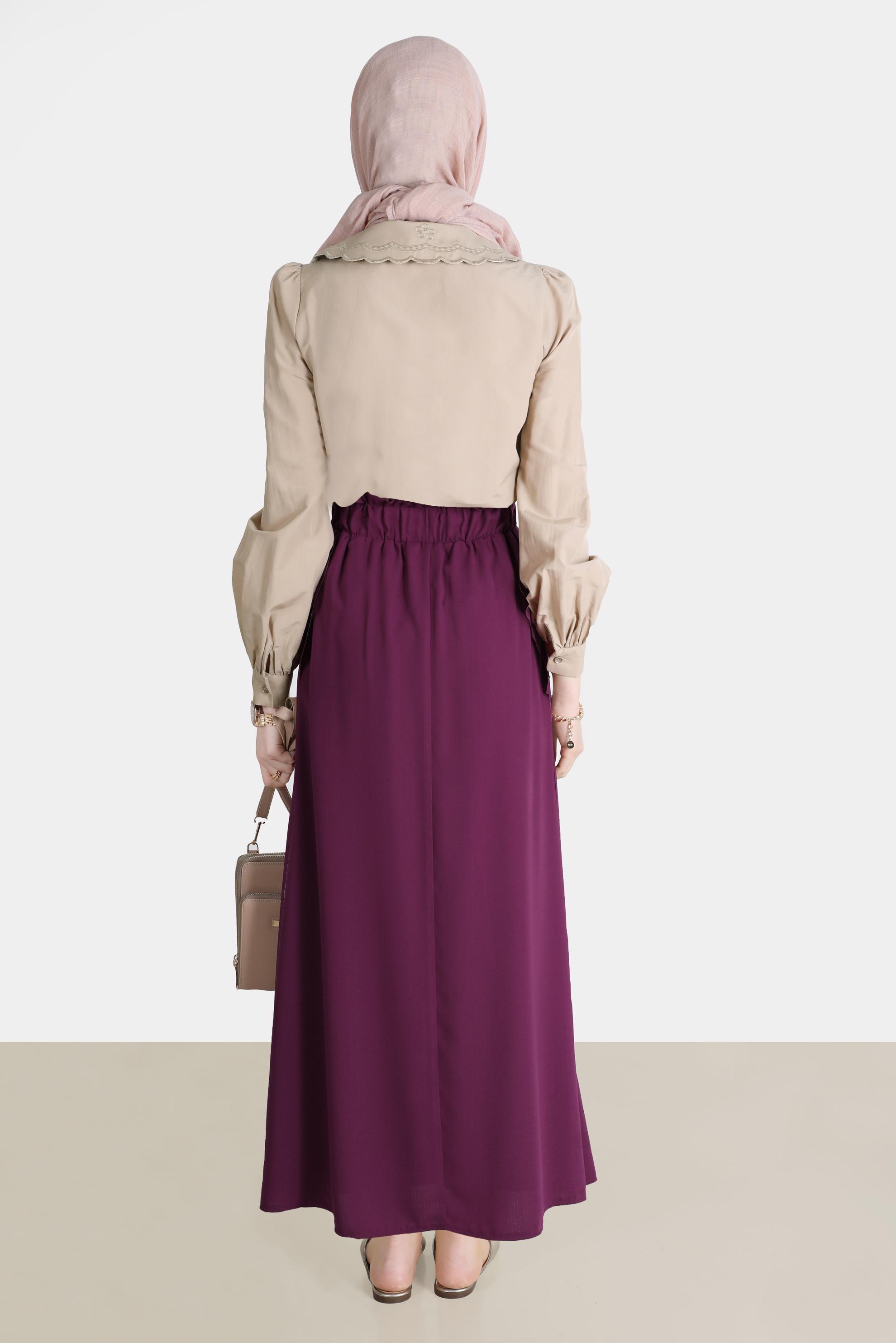 Tesettür giyim BEJ NAKIŞLI YAKA DETAYLI PAMUKLU BLUZ 42722 