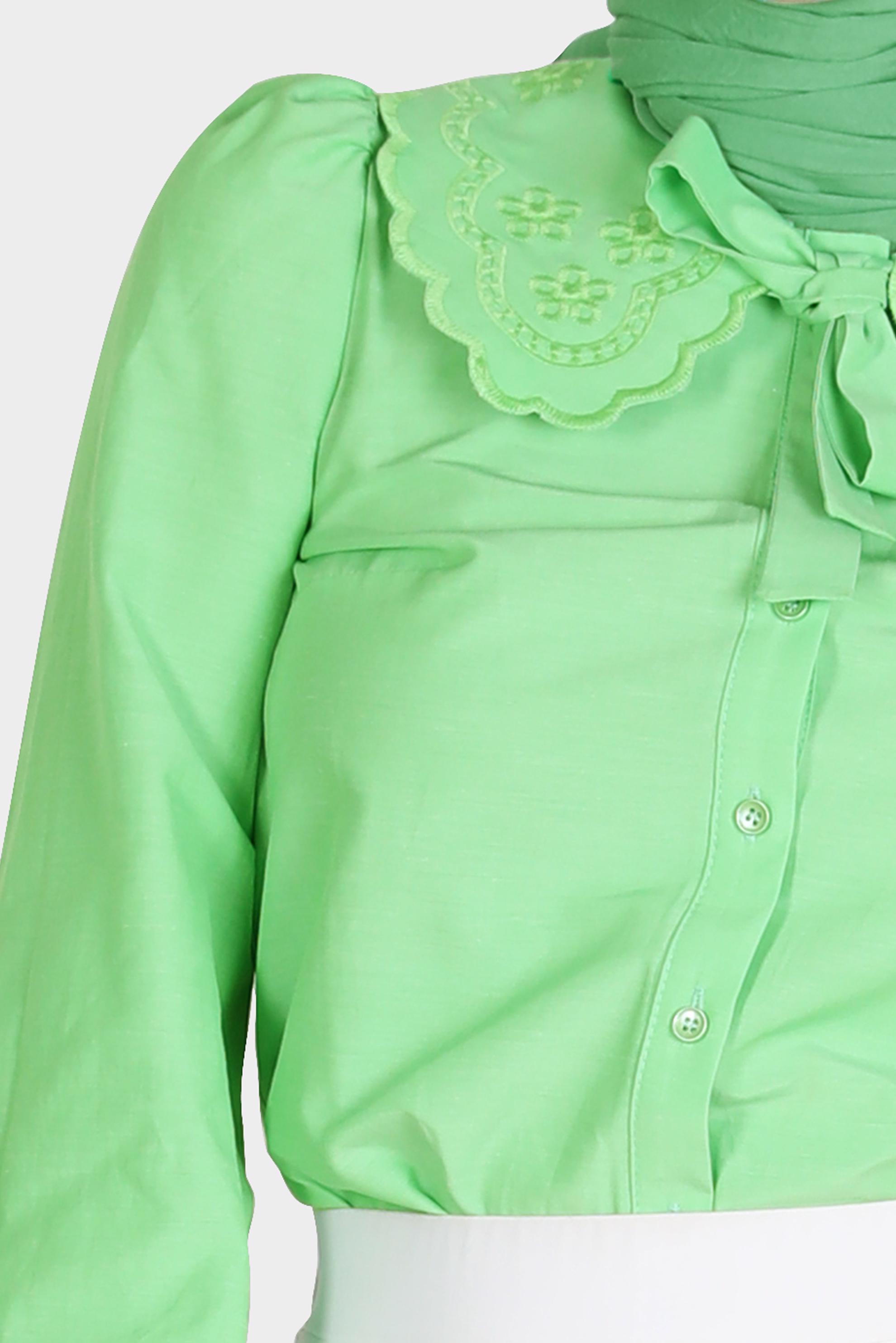 Tesettür giyim YEŞİL NAKIŞLI YAKA DETAYLI PAMUKLU BLUZ 42722 