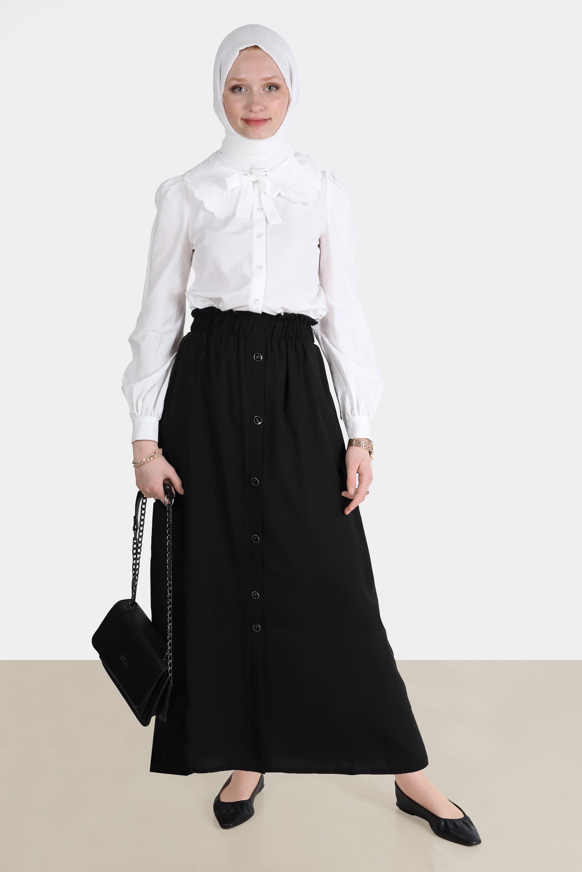 Tesettür giyim BEYAZ NAKIŞLI YAKA DETAYLI PAMUKLU BLUZ 42722 