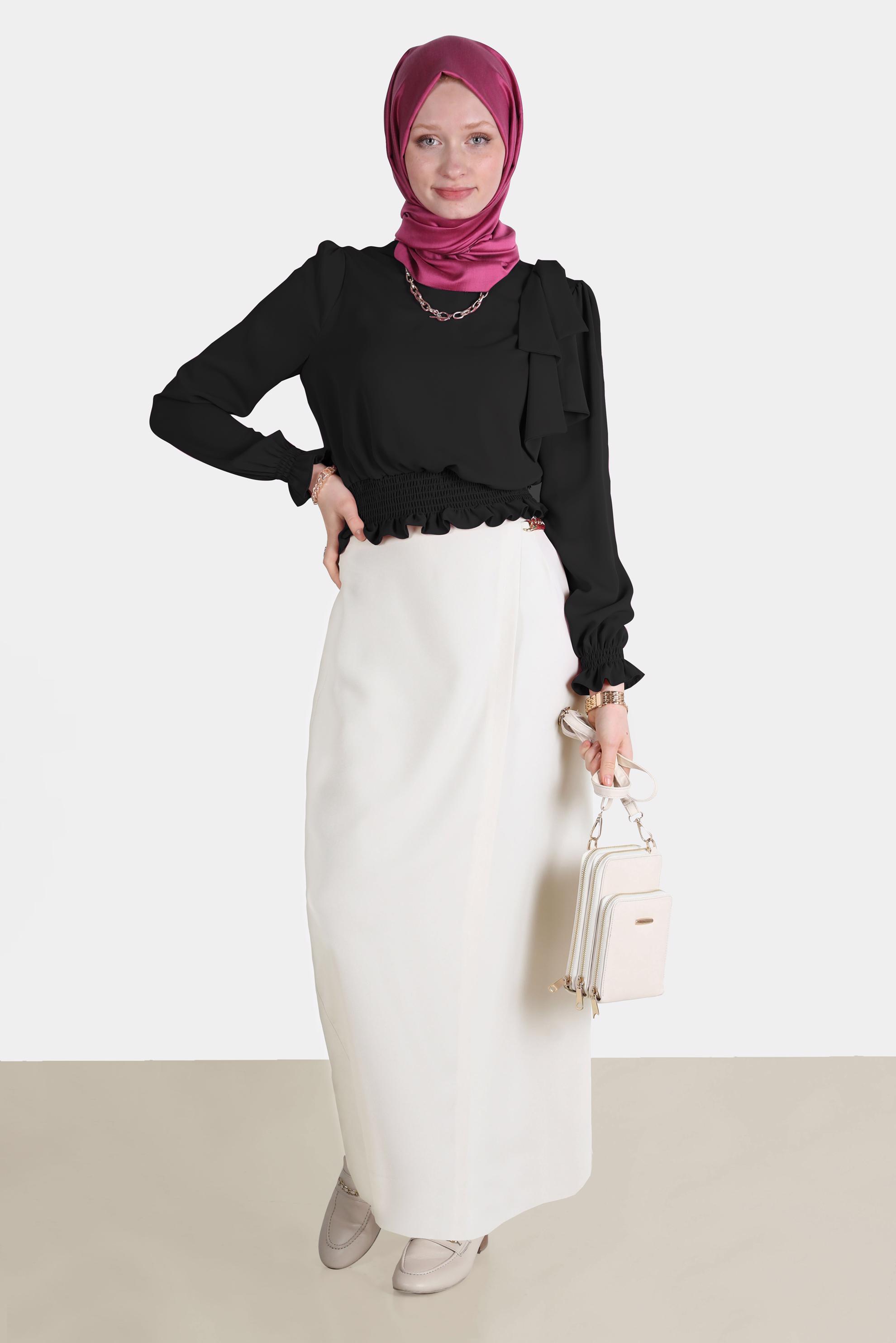 Tesettür giyim SİYAH BELİ LASTİKLİ FİYONK DETAYLI BLUZ 42755	