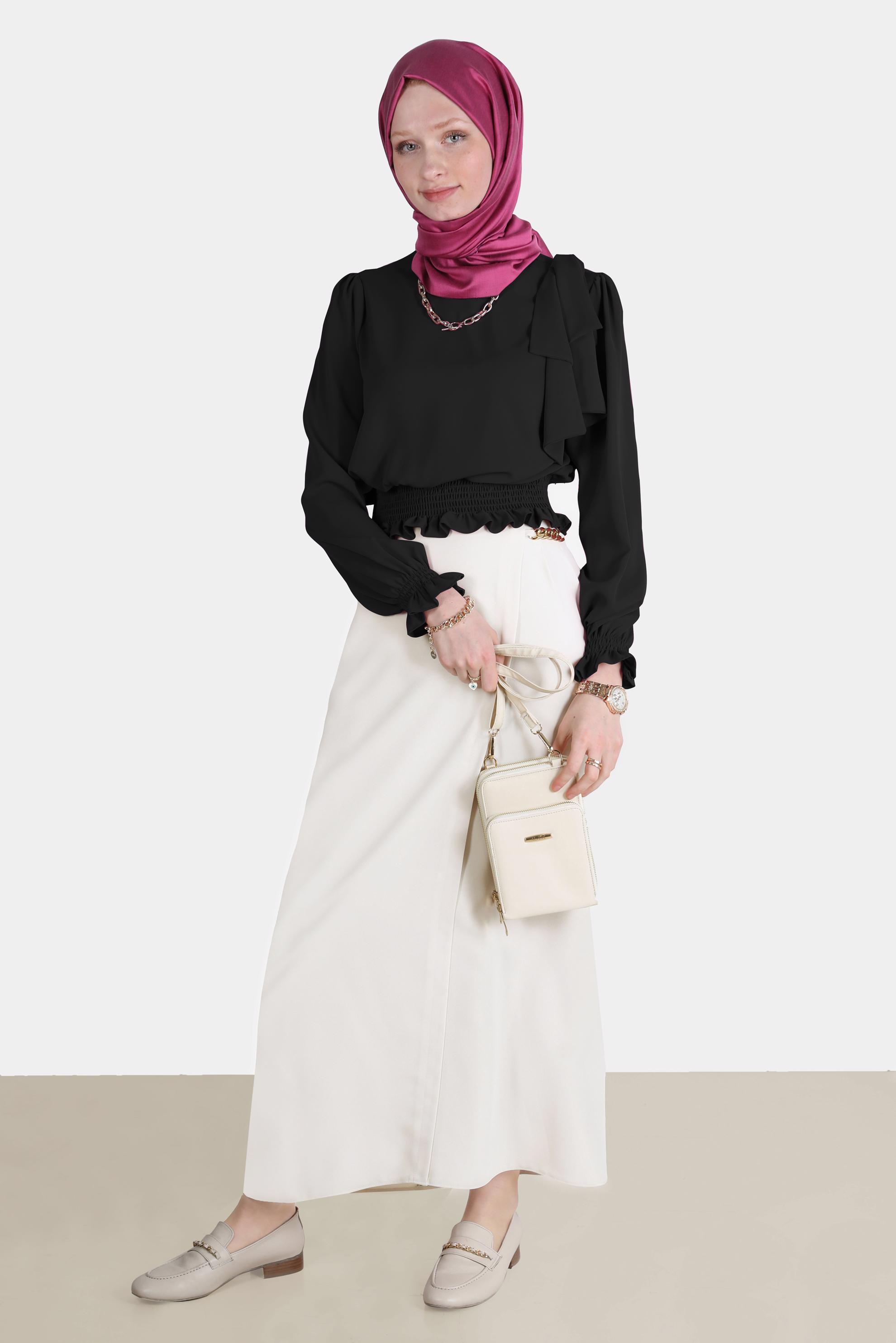 Tesettür giyim SİYAH BELİ LASTİKLİ FİYONK DETAYLI BLUZ 42755	