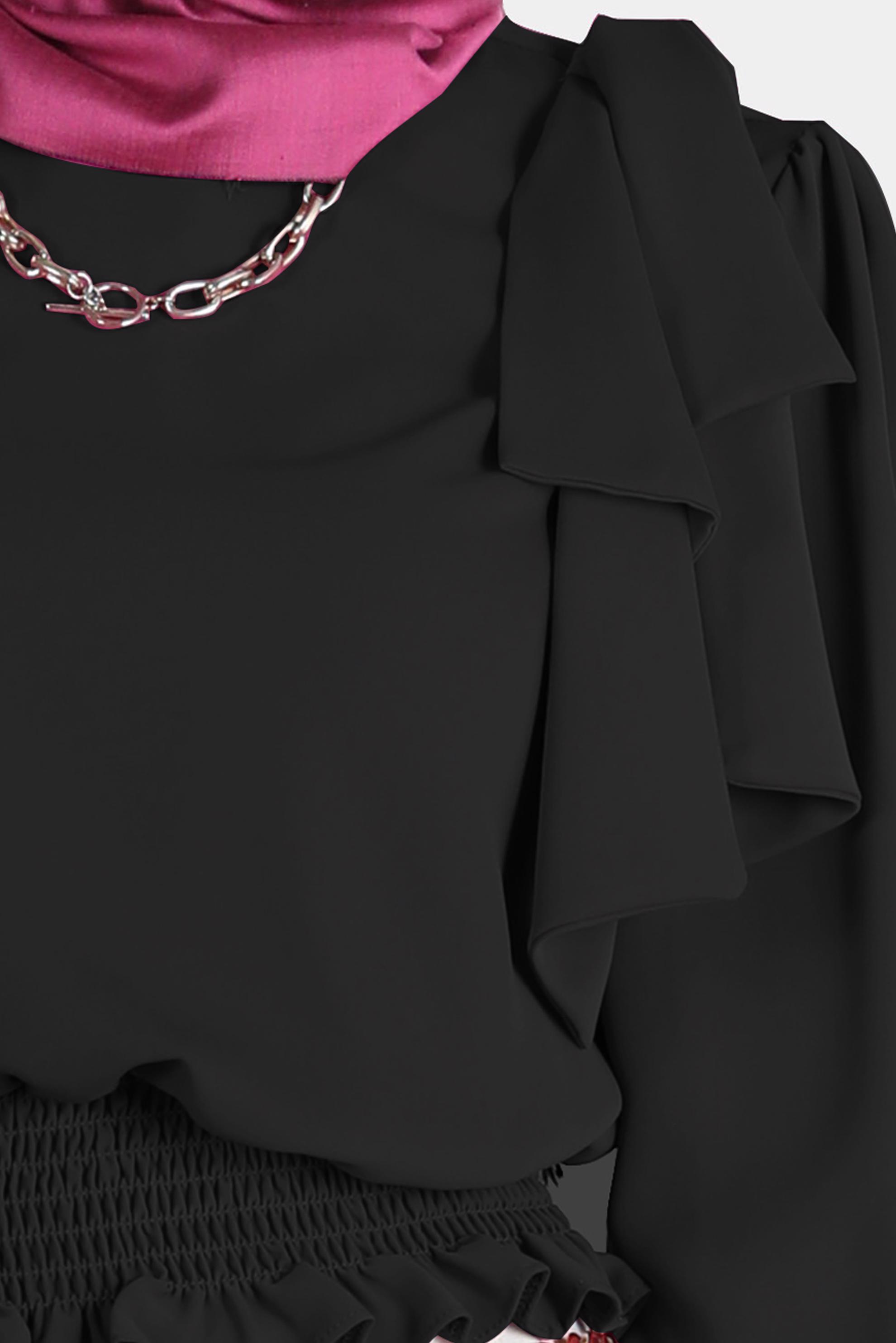 Tesettür giyim SİYAH BELİ LASTİKLİ FİYONK DETAYLI BLUZ 42755	